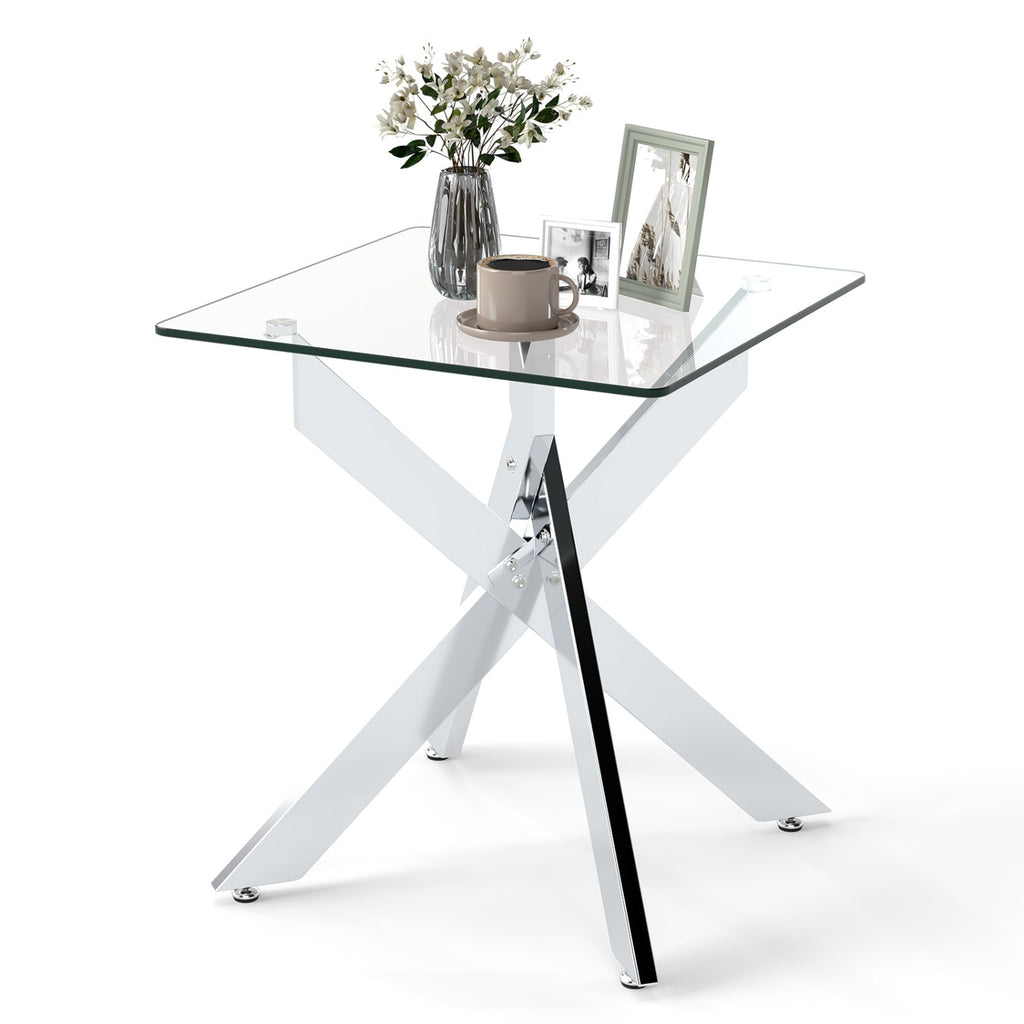 Glass Side Table Square End Table with Tempered Glass Top and Metal X Base-Silver