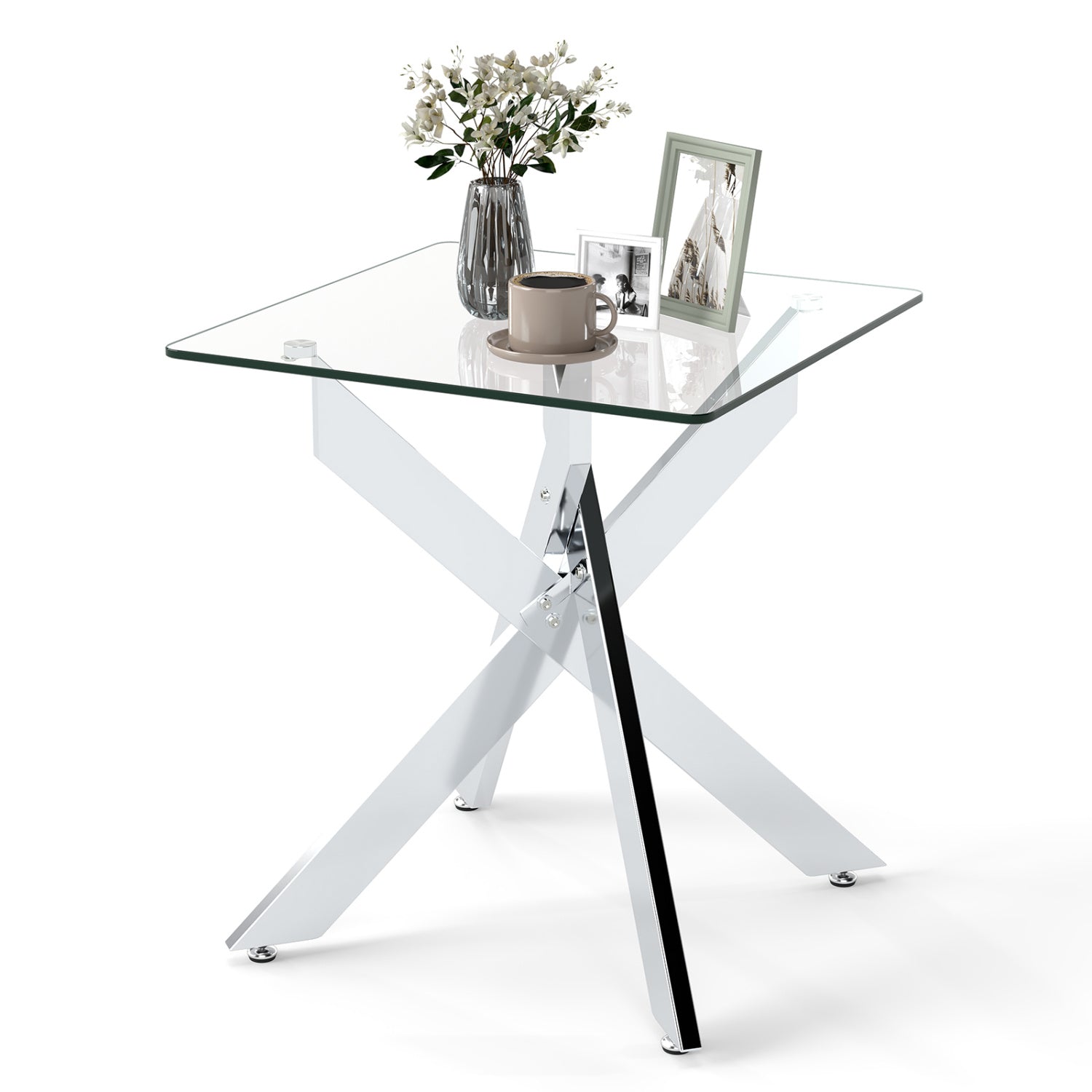 Glass Side Table Square End Table with Tempered Glass Top and Metal X Base-Silver