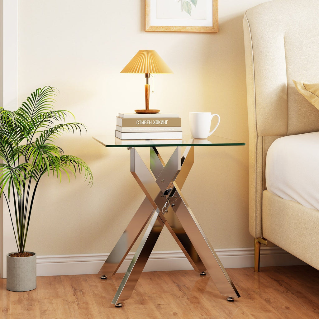Glass Side Table Square End Table with Tempered Glass Top and Metal X Base-Silver