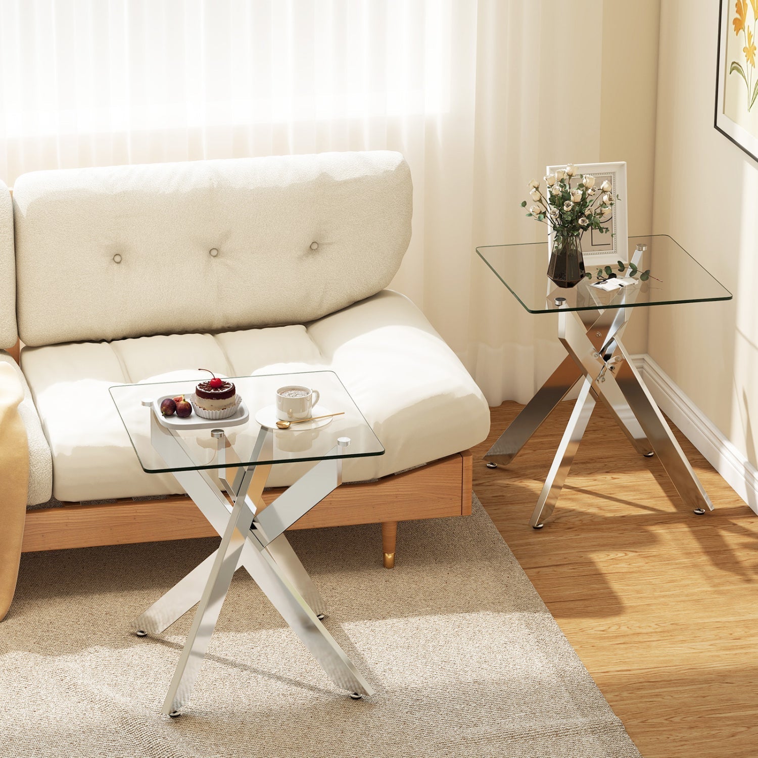 Glass Side Table Square End Table with Tempered Glass Top and Metal X Base-Silver