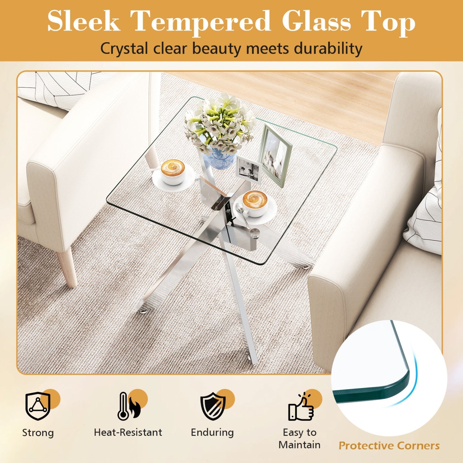 Glass Side Table Square End Table with Tempered Glass Top and Metal X Base-Silver