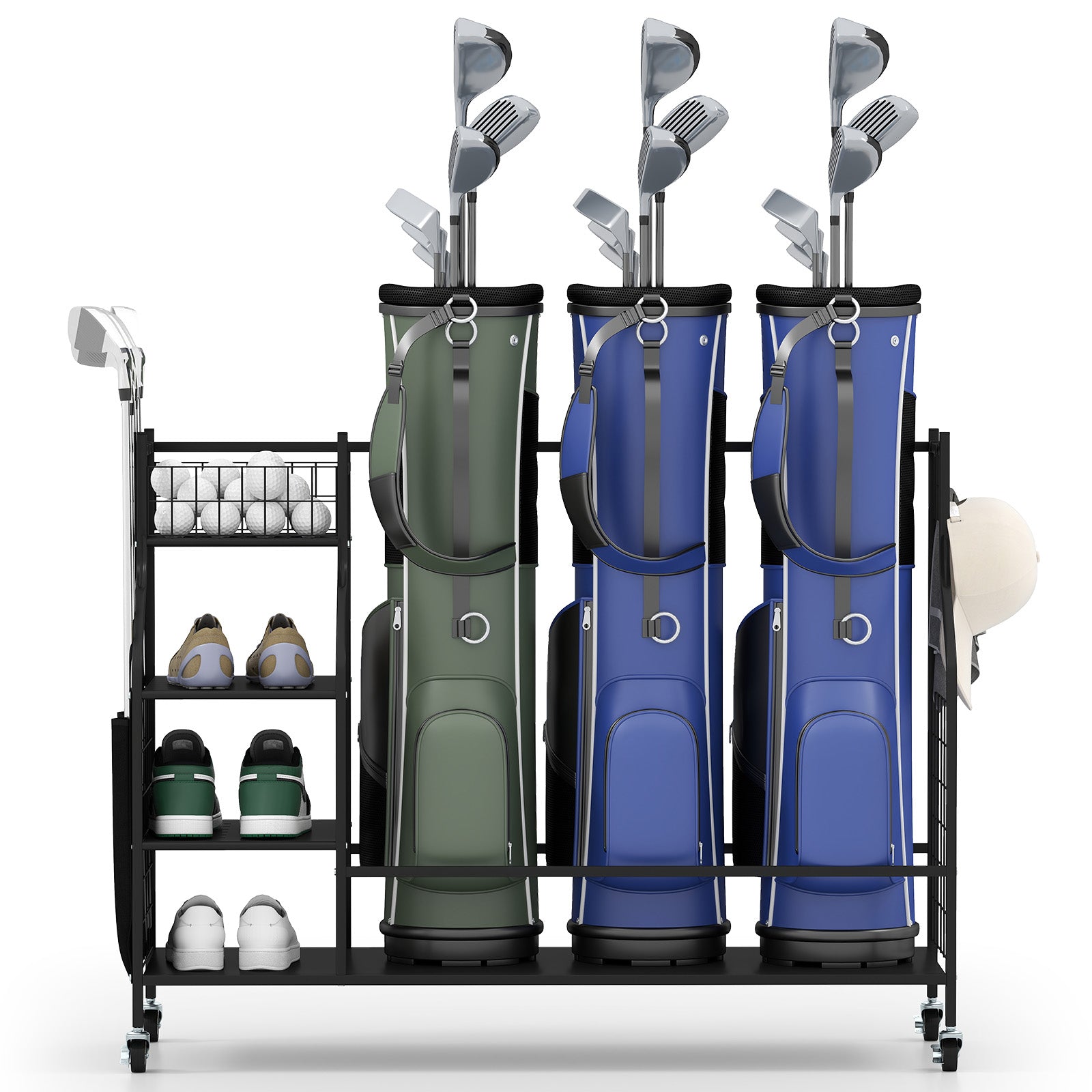 Golf Bag Organizer 3 Golf Bag Stand with Lockable Wheels and Hooks-Black