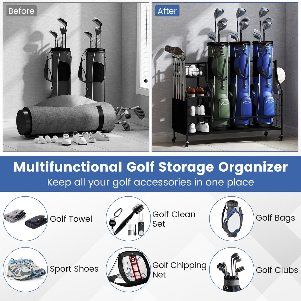 Golf Bag Organizer 3 Golf Bag Stand with Lockable Wheels and Hooks-Black