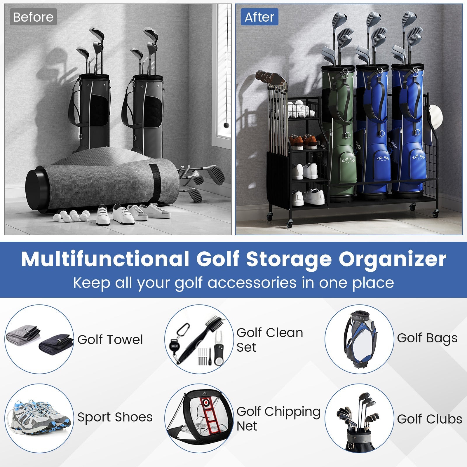 Golf Bag Organizer 3 Golf Bag Stand with Lockable Wheels and Hooks-Black