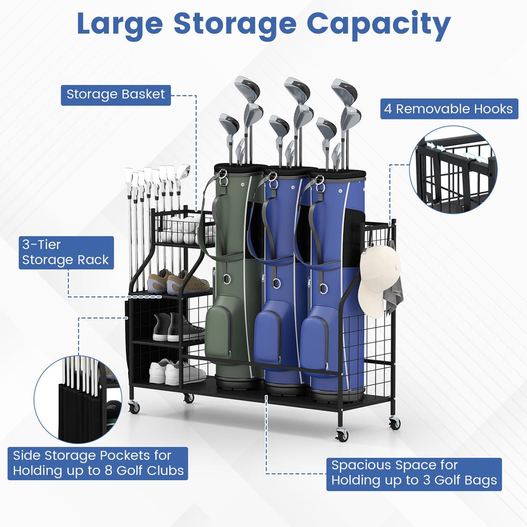 Golf Bag Organizer 3 Golf Bag Stand with Lockable Wheels and Hooks-Black