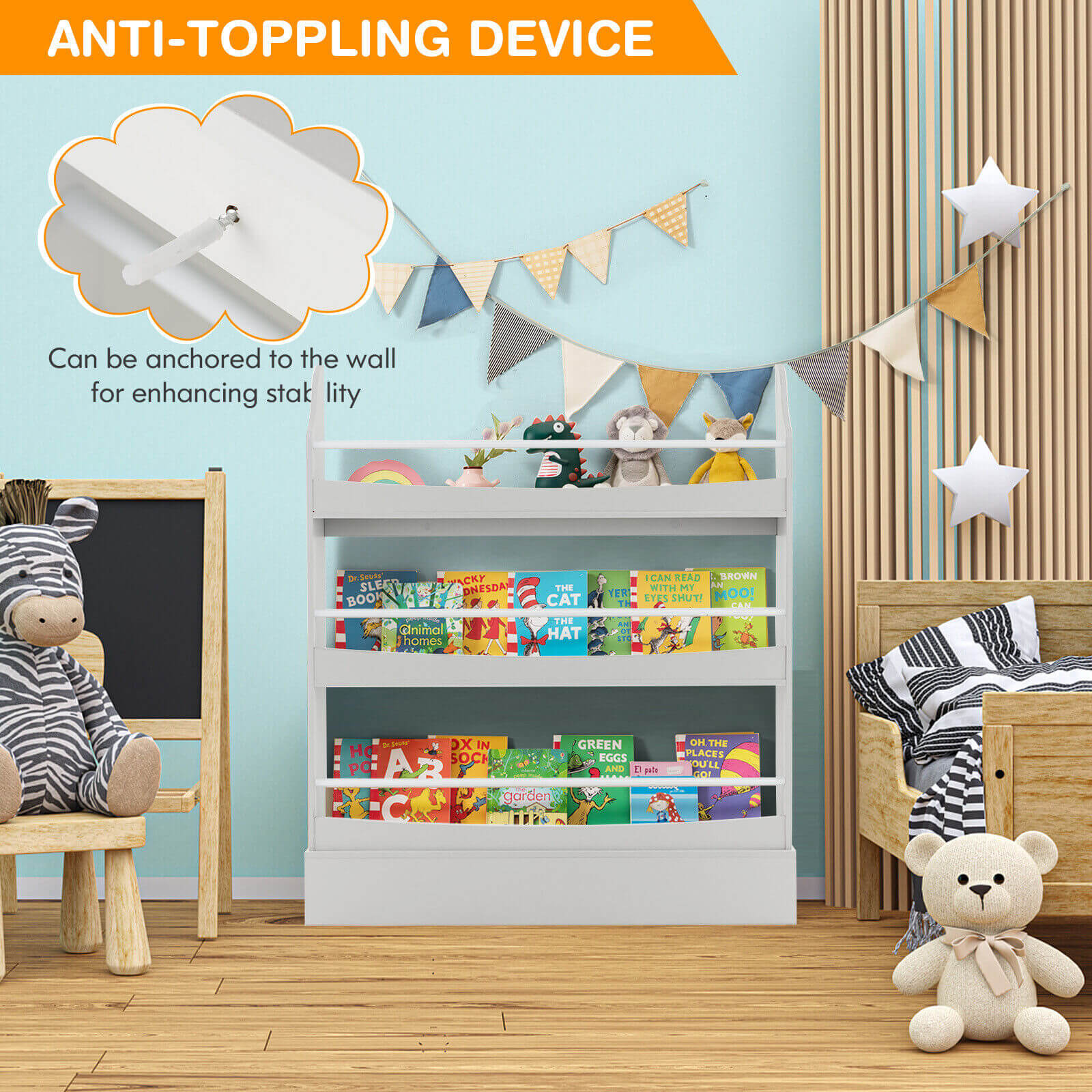 3-Tier Bookshelf with 2 Anti-Tipping Kits for Books and Magazines