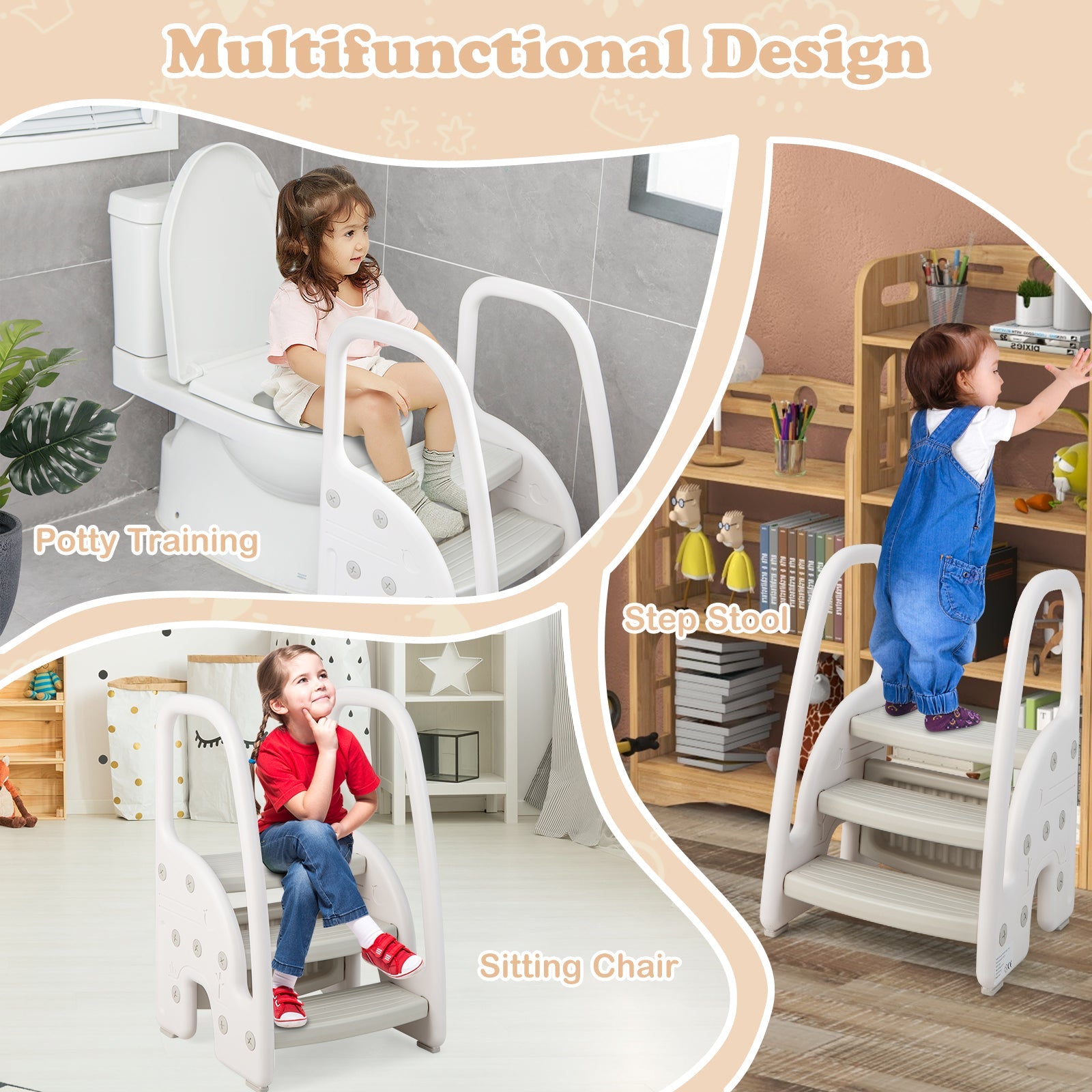 3-Step Stool with Safety Handles and Non-slip Pedals for Toddlers