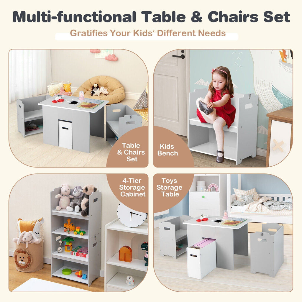 4-in-1 Kids Table and Chairs with Multiple Storage for Learning-Gray