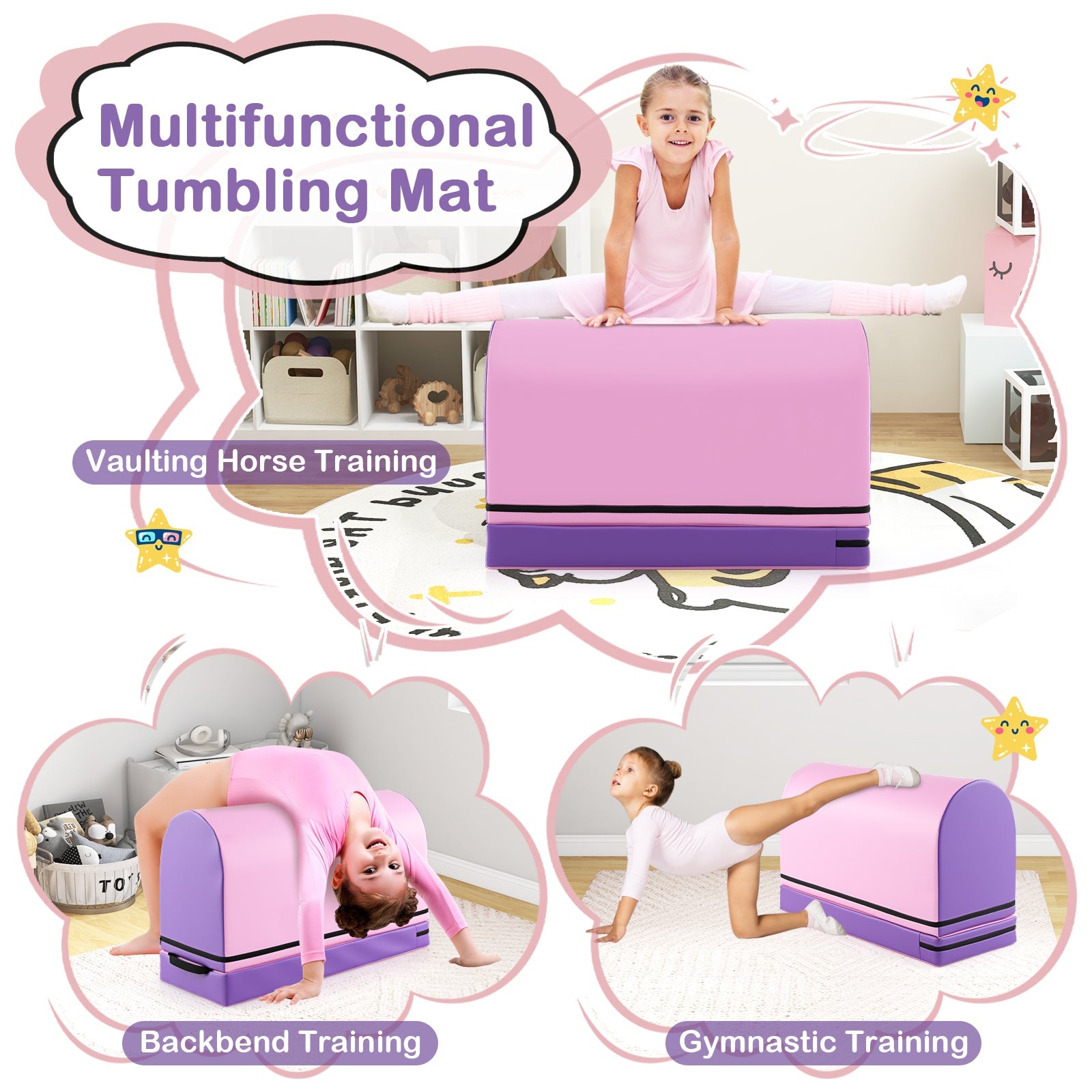 Gymnastics Vaulting Box with Detachable Mat Carrying Handle for Kids