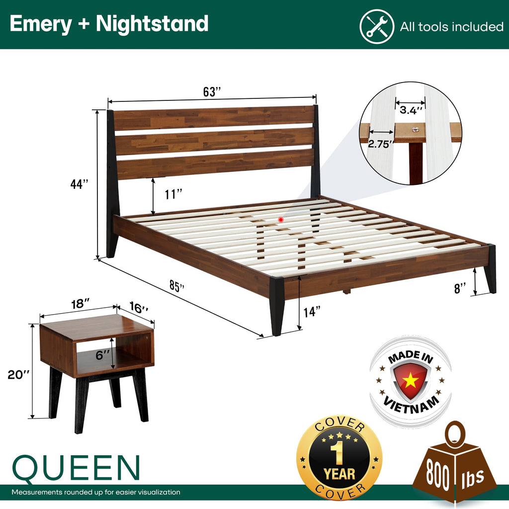 [Buy 1 Get 1] Emery Solid Wood Bed Frame & Nightstand