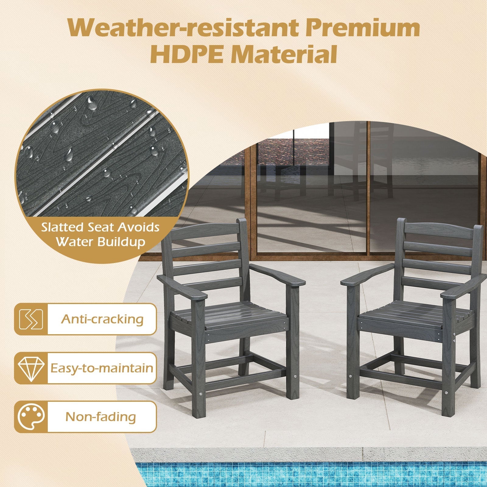 HDPE All Weather Patio Dining Chairs Set of 2 with Wide Armrests