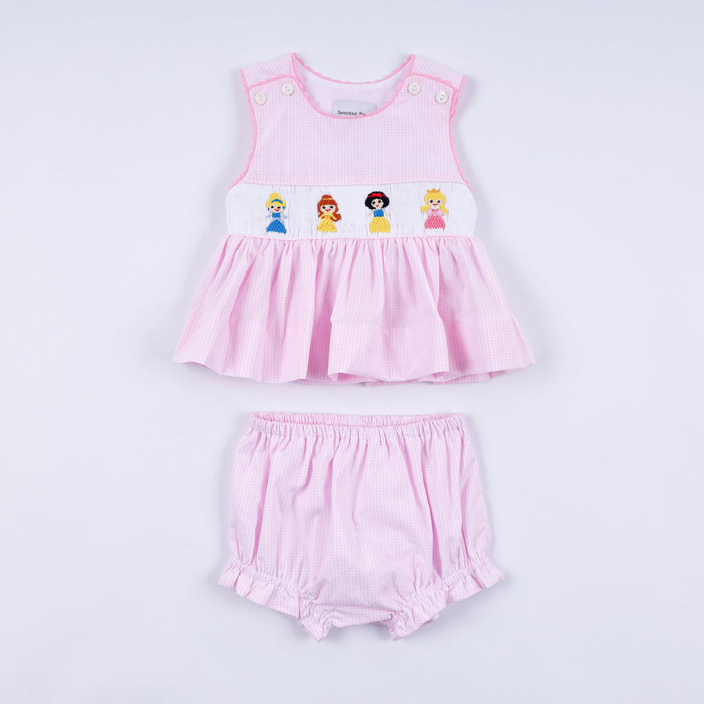 Pink princess hand smocked plaid bloomer set
