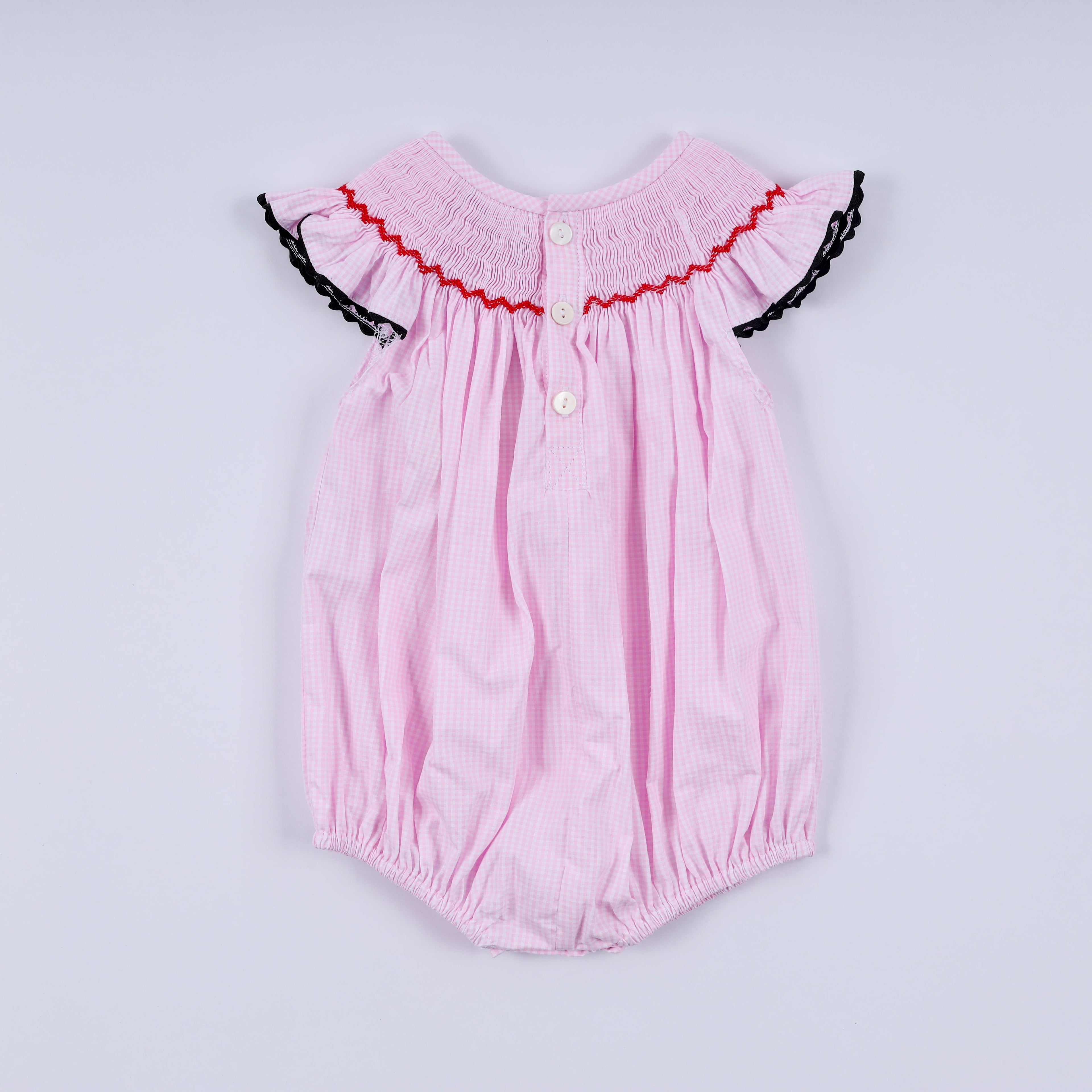 Red character hand smocked plaid ruffle bubble