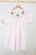 Pink christmas bishop hand smocked dot dress