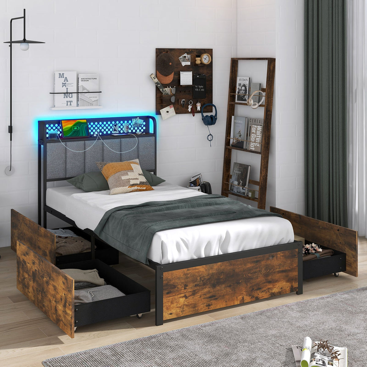 Twin/Full/Queen Bed Frame with LED Lights Upholstered Headboard and 4 Storage Drawers