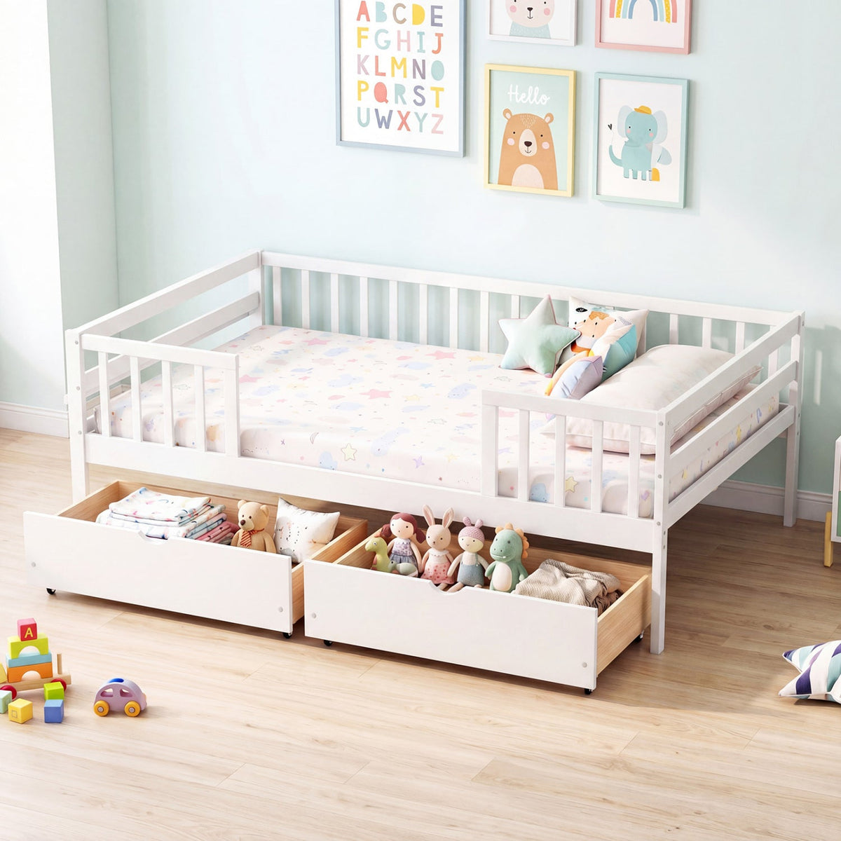 Full Size Daybed with Fence and 2 Drawers for Boys and Girls