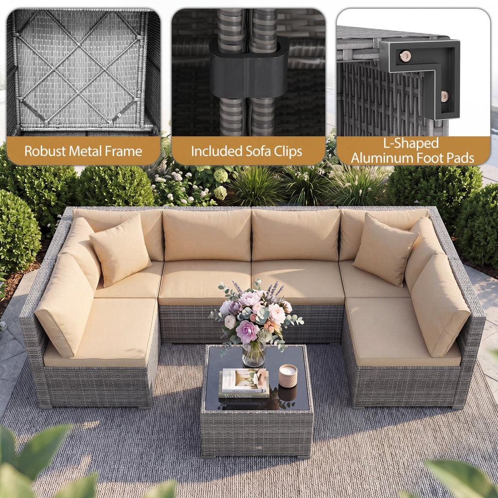 7 Pieces Patio Rattan Furniture Set Sectional Sofa Garden Cushion