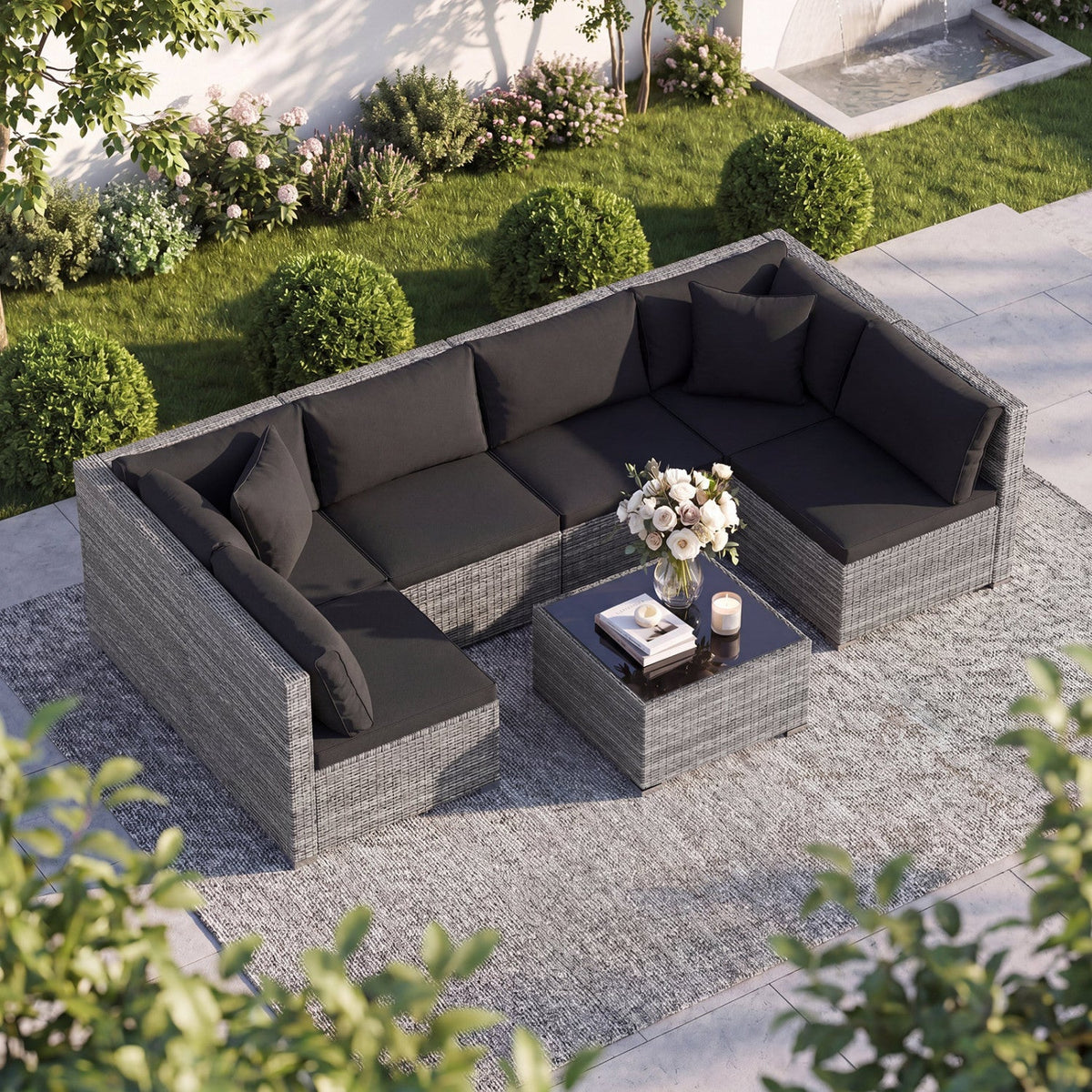 7 Pieces Patio Rattan Furniture Set Sectional Sofa Garden Cushion