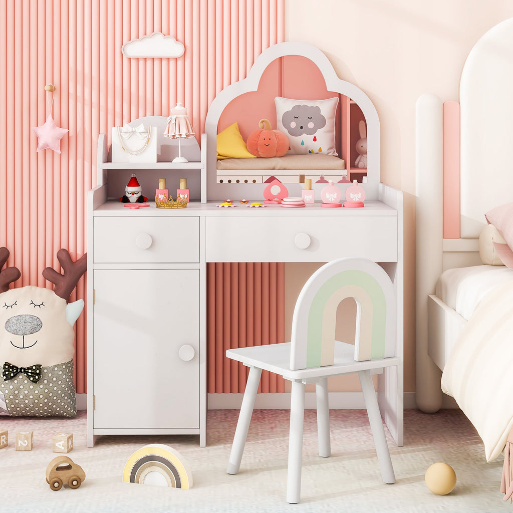 Kids Vanity Table and Chair Set with Cloud-shaped Mirror and Open Shelf