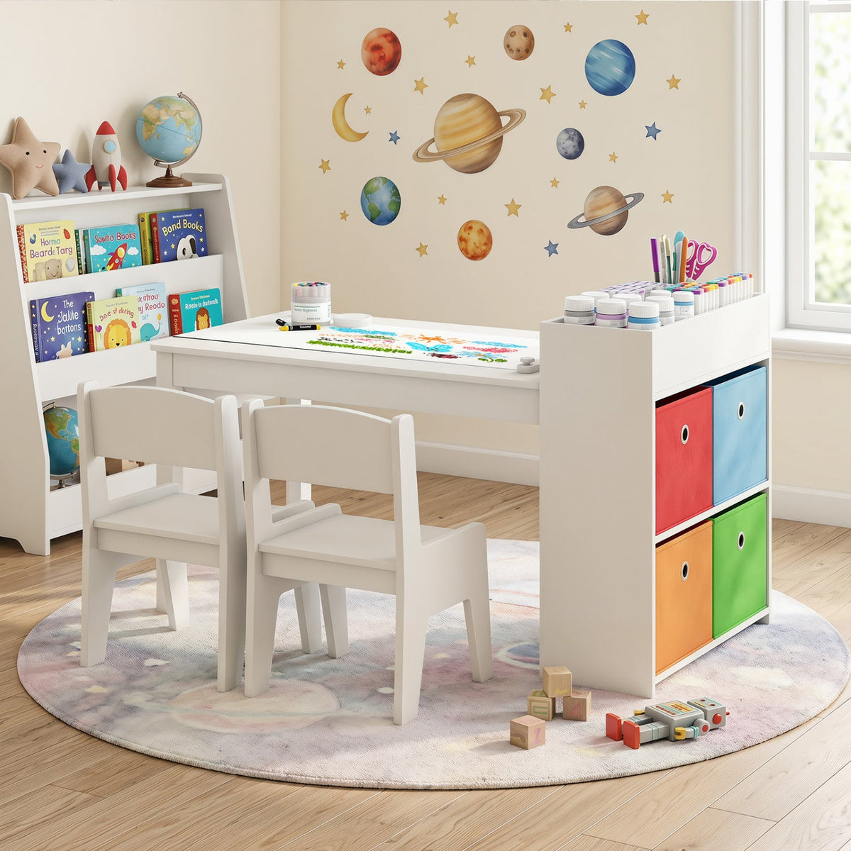 Kids Art Table and Chairs Set with 2 Chairs and Paper Roll