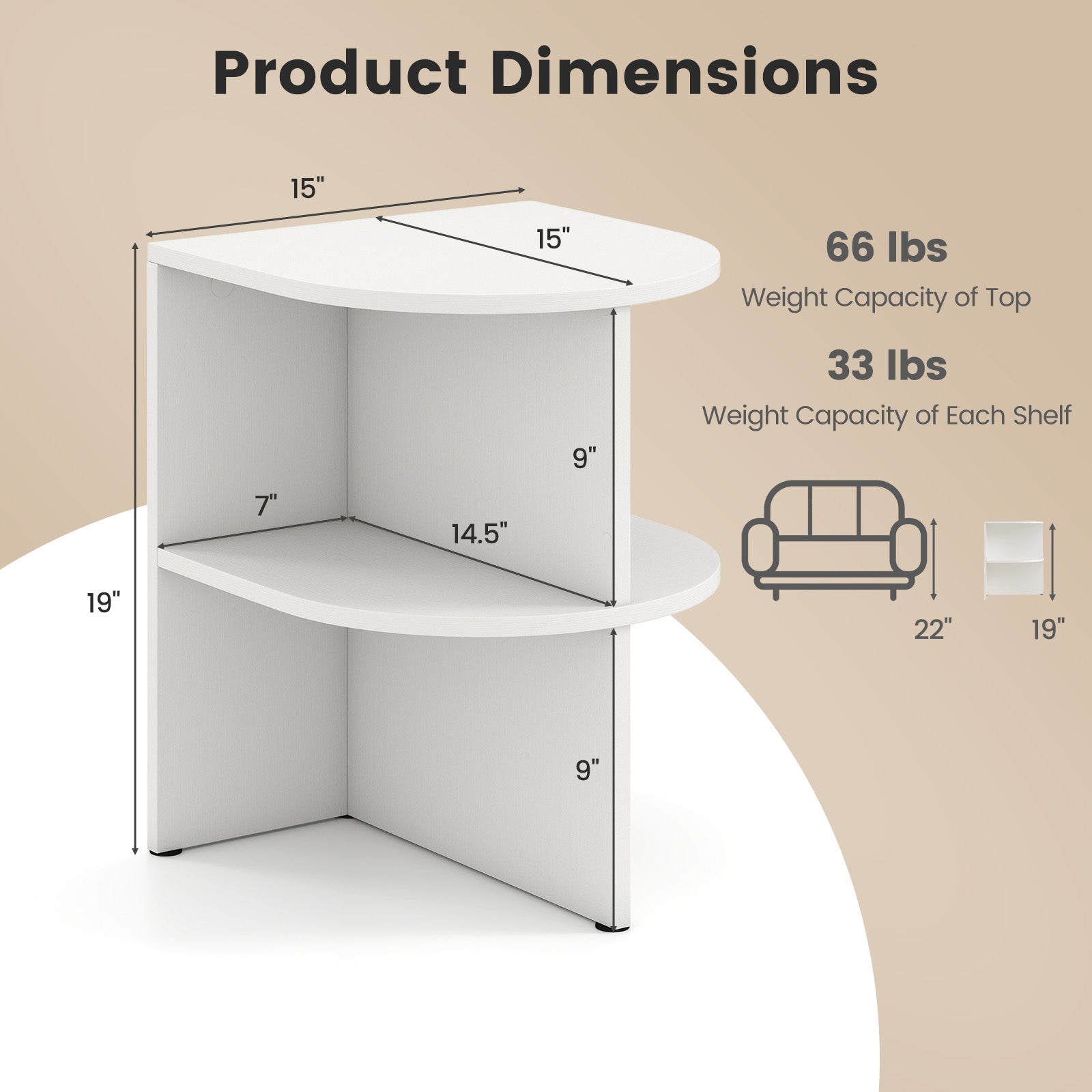 Half Round End Table with Open Shelves for Small Space-White