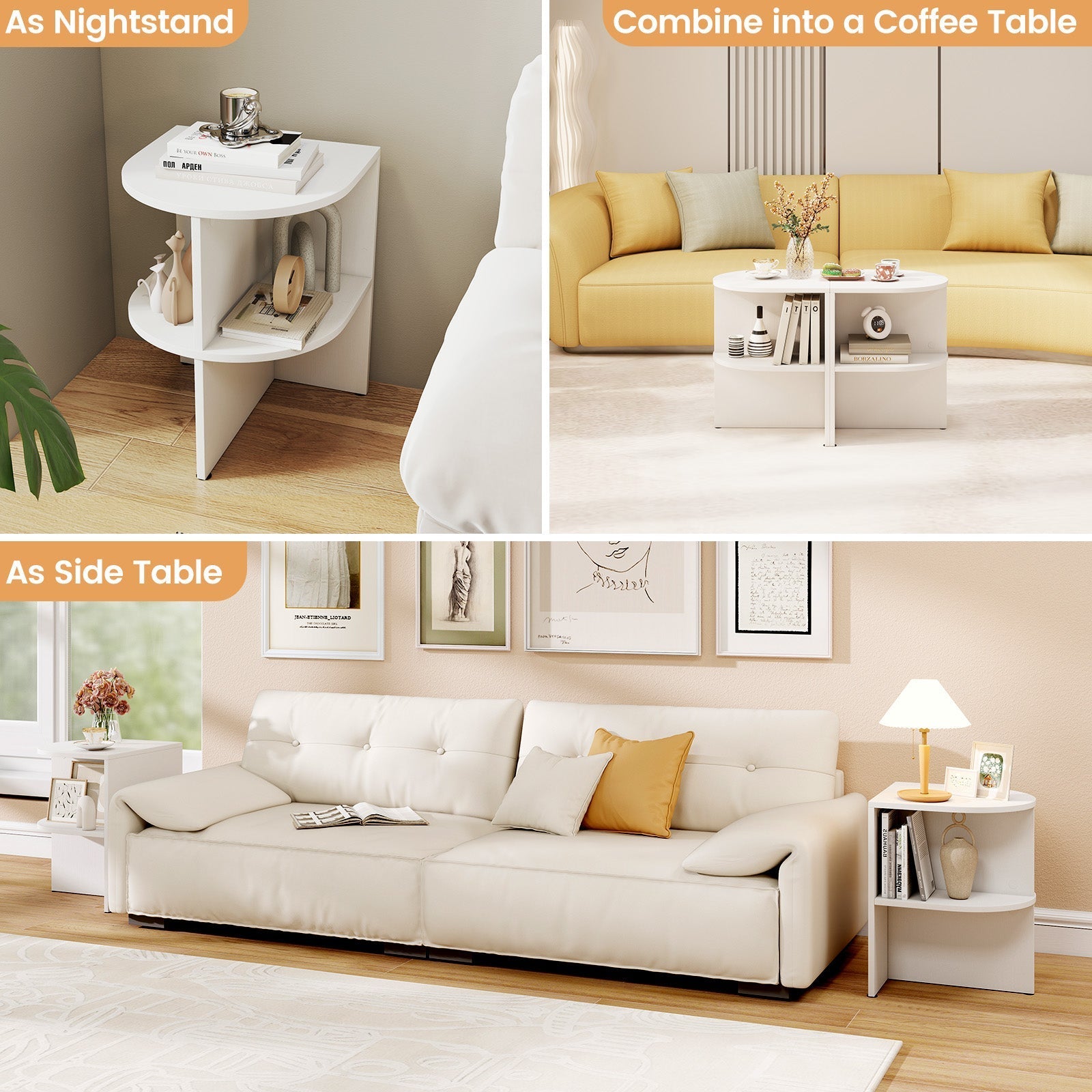 Half Round End Table with Open Shelves for Small Space-White