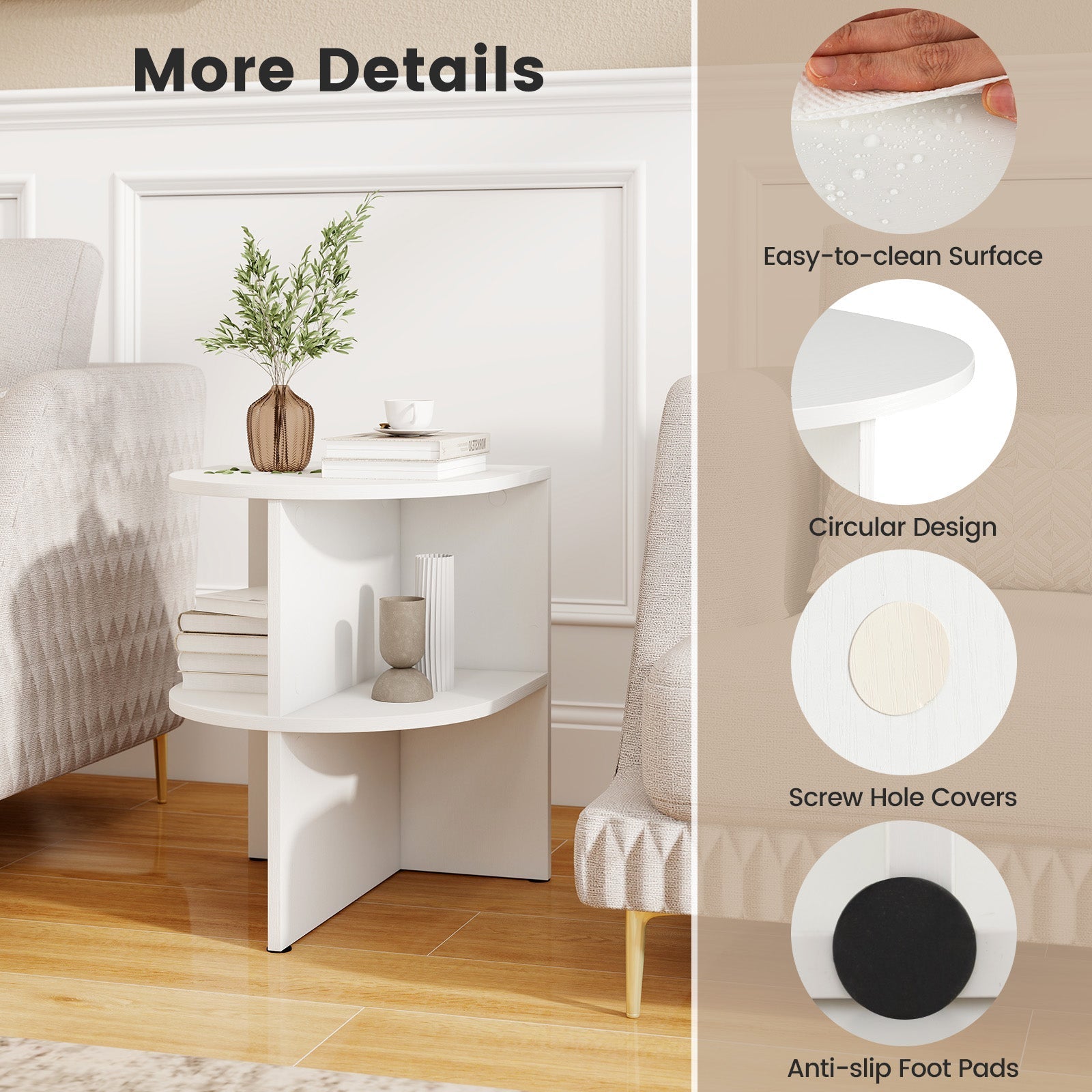 Half Round End Table with Open Shelves for Small Space-White