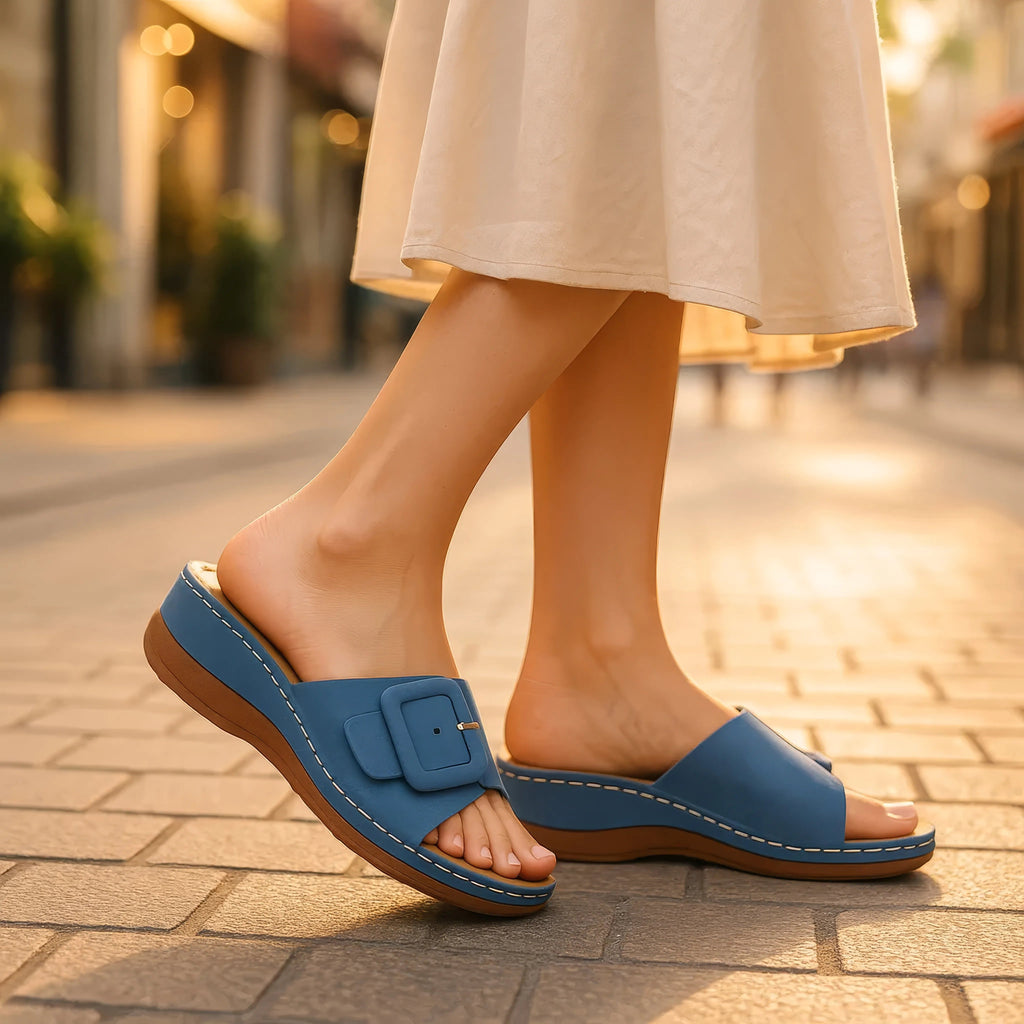 Women's Hamden Green Buckled Flat Sandals