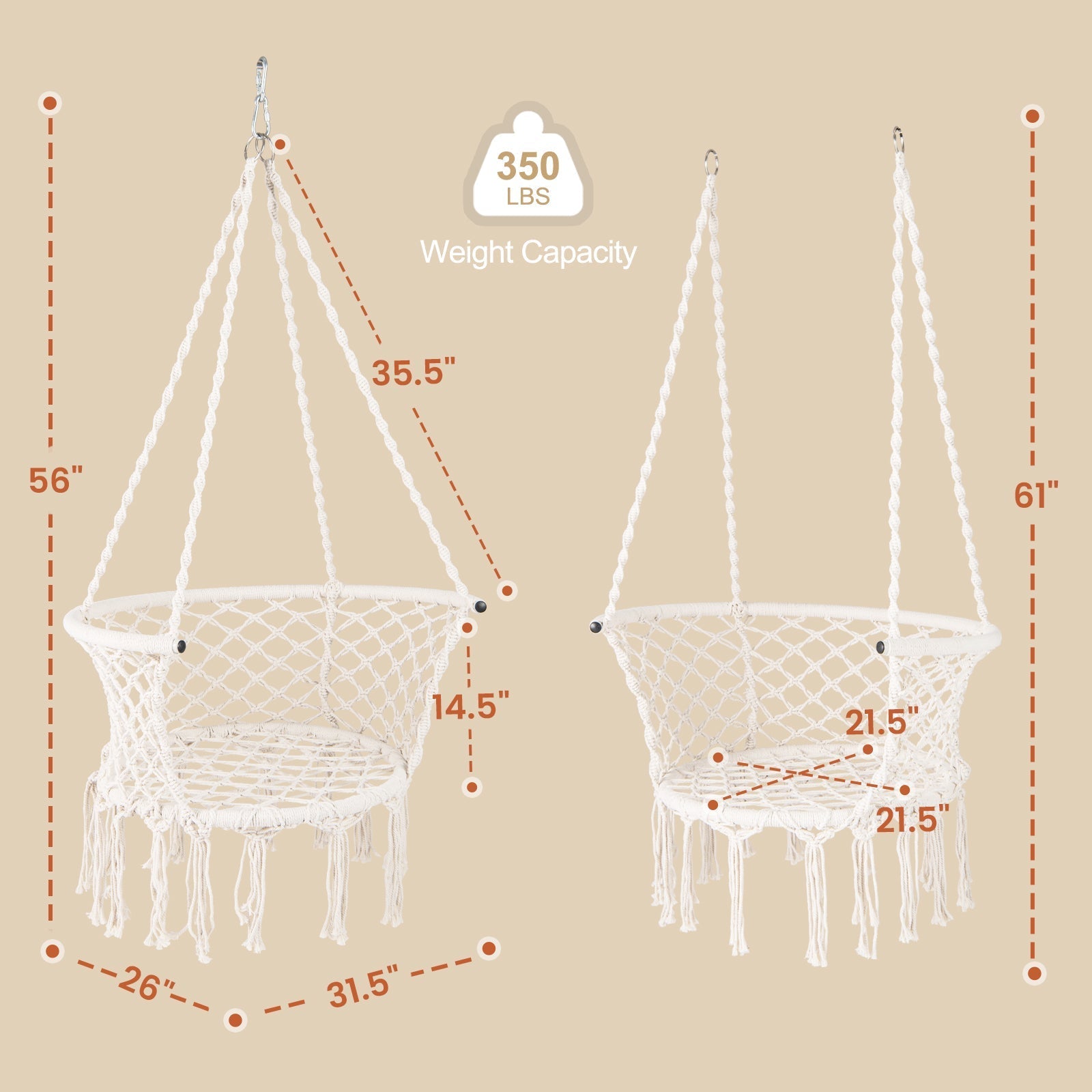 Hammock Chair Macrame Swing Hanging Cotton Rope Chair-Beige