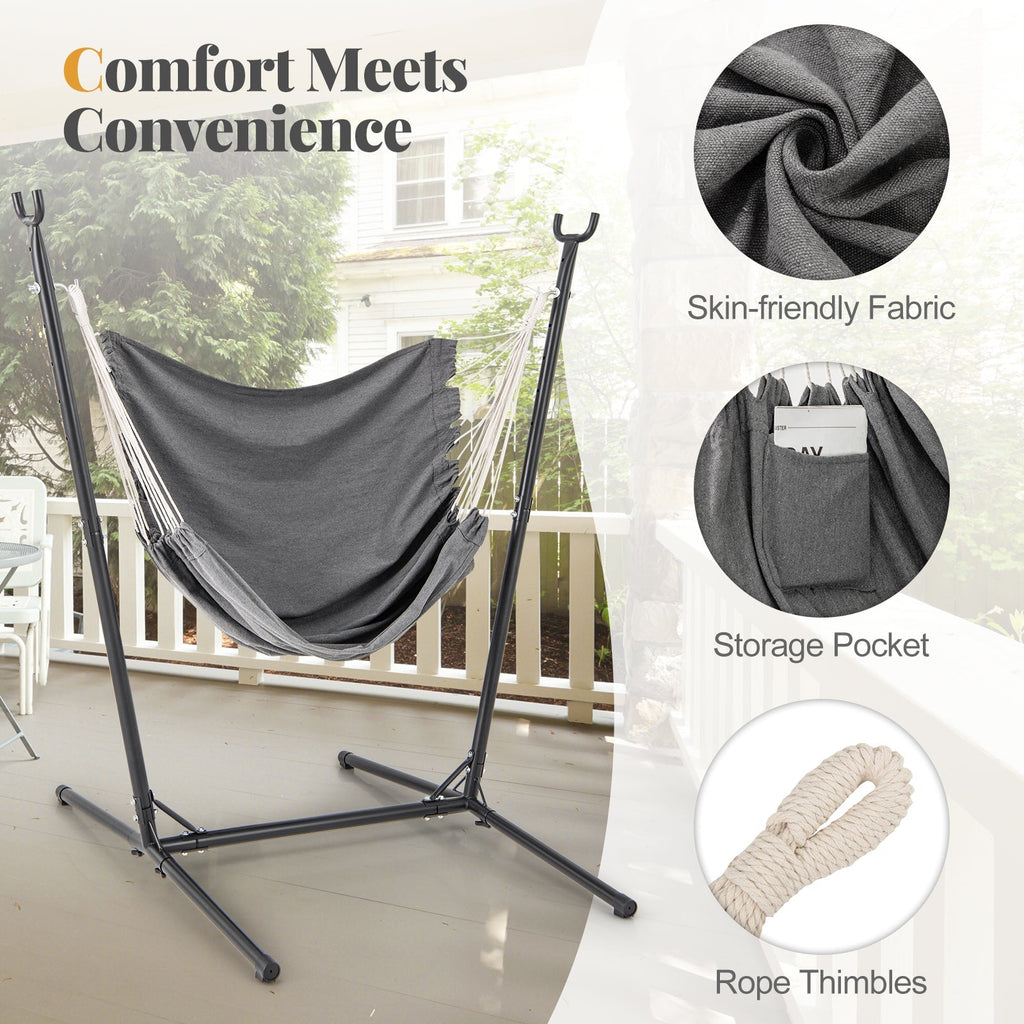 Hammock Chair with Stand 6-Position Adjustable Height and Side Pocket-Gray