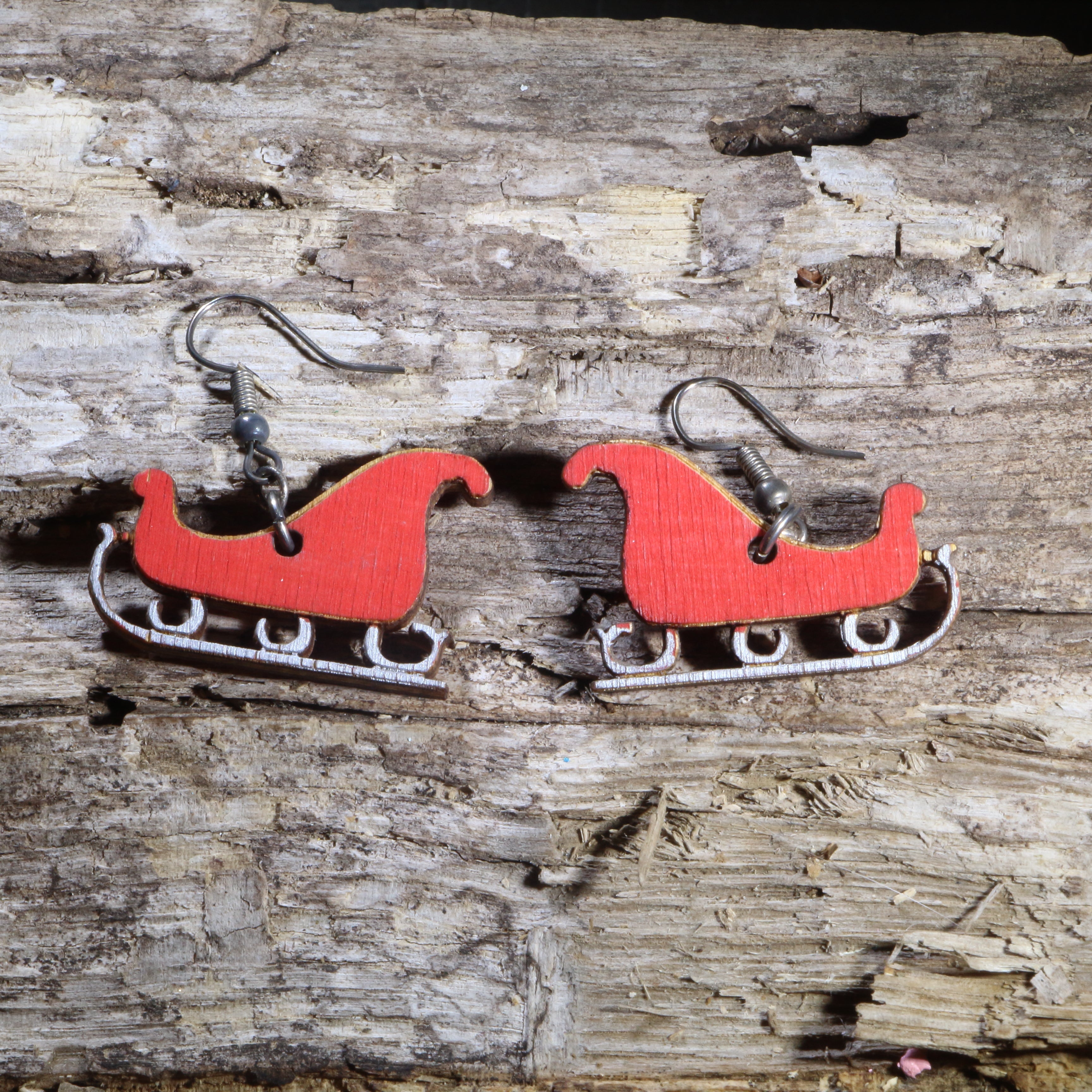 Santa's Sleigh Wooden Dangle Earrings | Christmas Holiday Jewelry