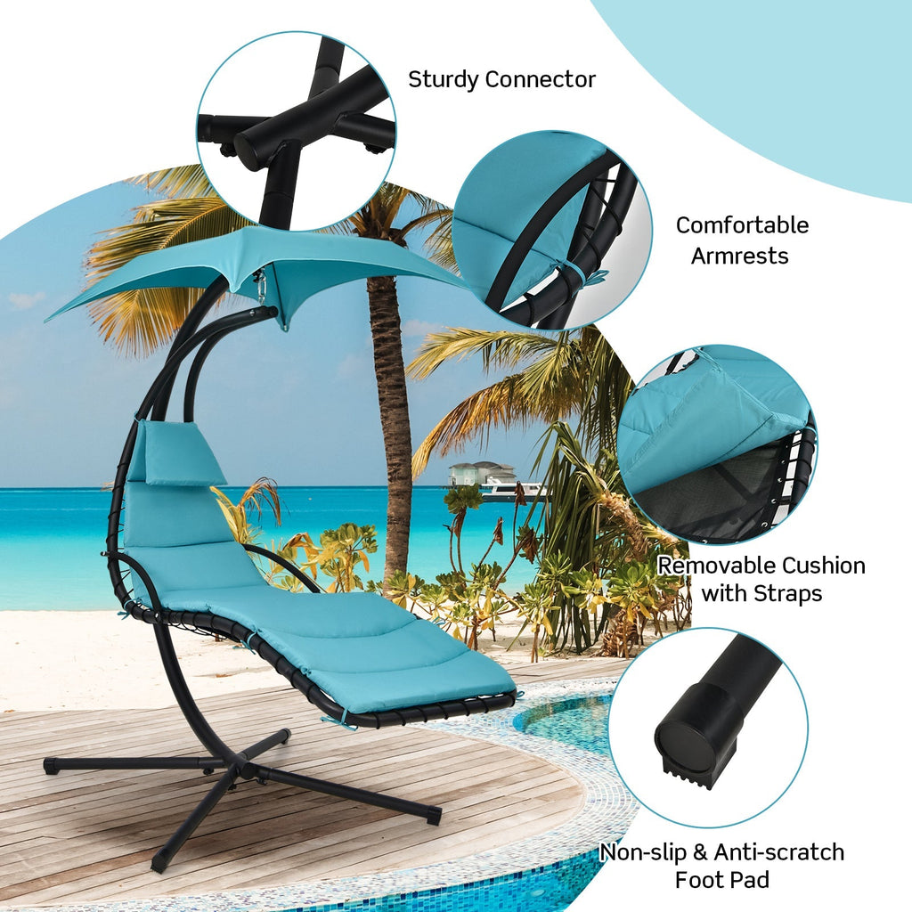 Hanging Curved Steel Swing Chaise Lounger with Removable Canopy