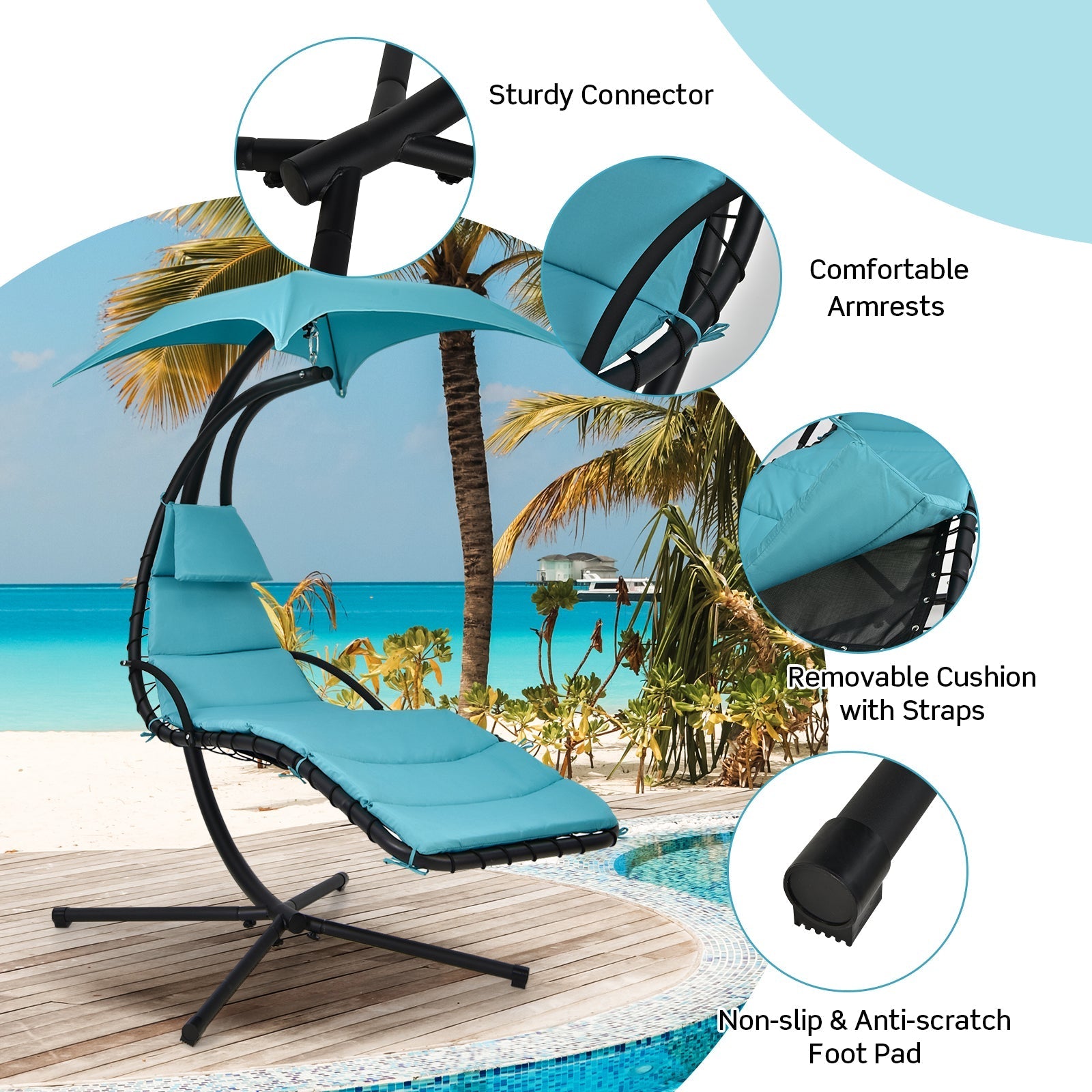 Hanging Curved Steel Swing Chaise Lounger with Removable Canopy