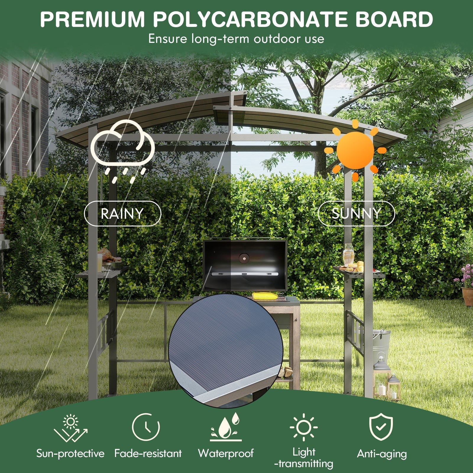 Hardtop Grill Gazebo with Vented Polycarbonate Roof Side Shelves-Black