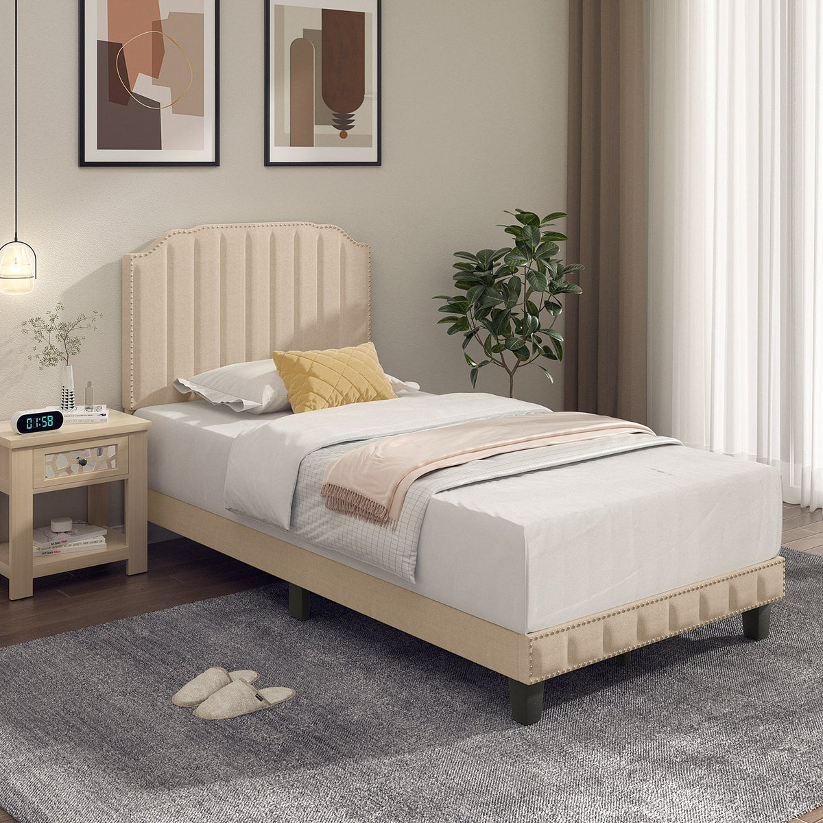 Heavy Duty Upholstered Bed Frame with Rivet Headboard