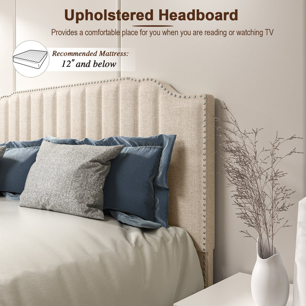 Heavy Duty Upholstered Bed Frame with Rivet Headboard