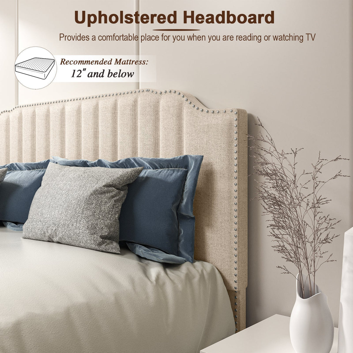 Heavy Duty Upholstered Bed Frame with Rivet Headboard