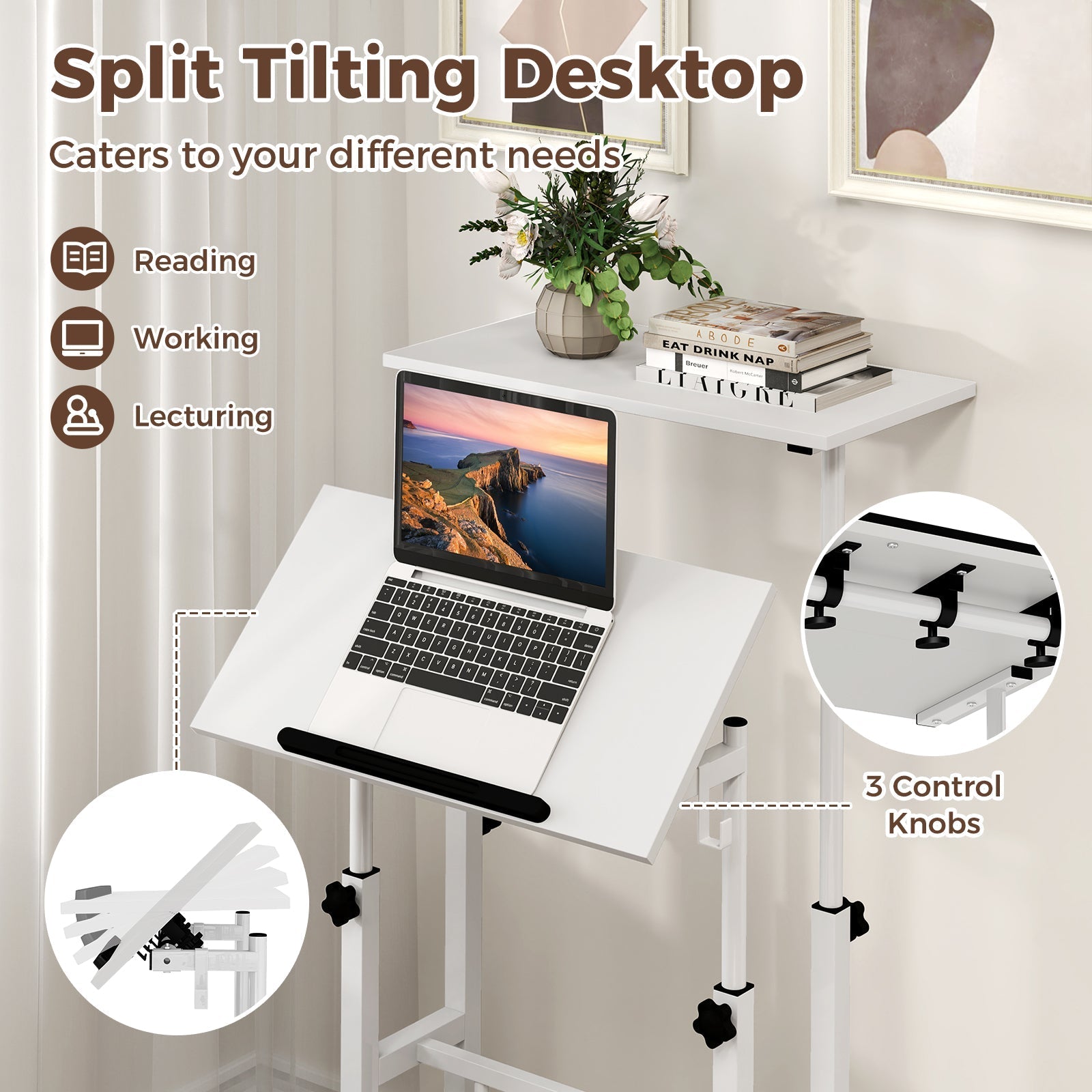 Mobile Standing Desk Height-Adjustable Laptop Cart with Split Top and Hanging Hooks
