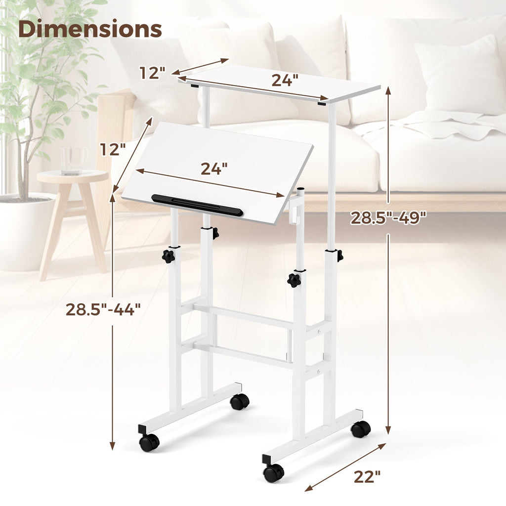 Mobile Standing Desk Height-Adjustable Laptop Cart with Split Top and Hanging Hooks