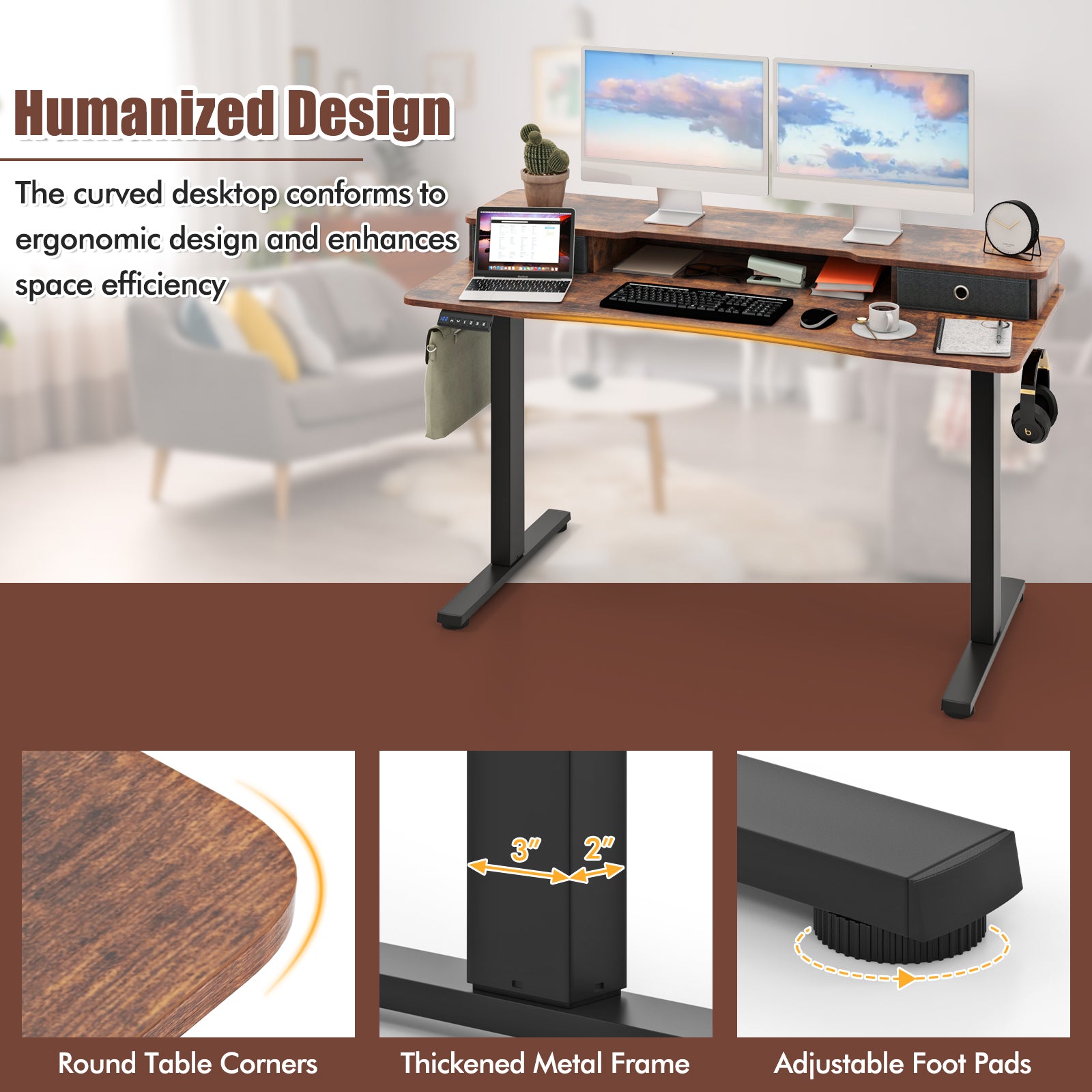 55 Inch x 24 Inch Height Adjustable Electric Standing Desk with 2 Drawers