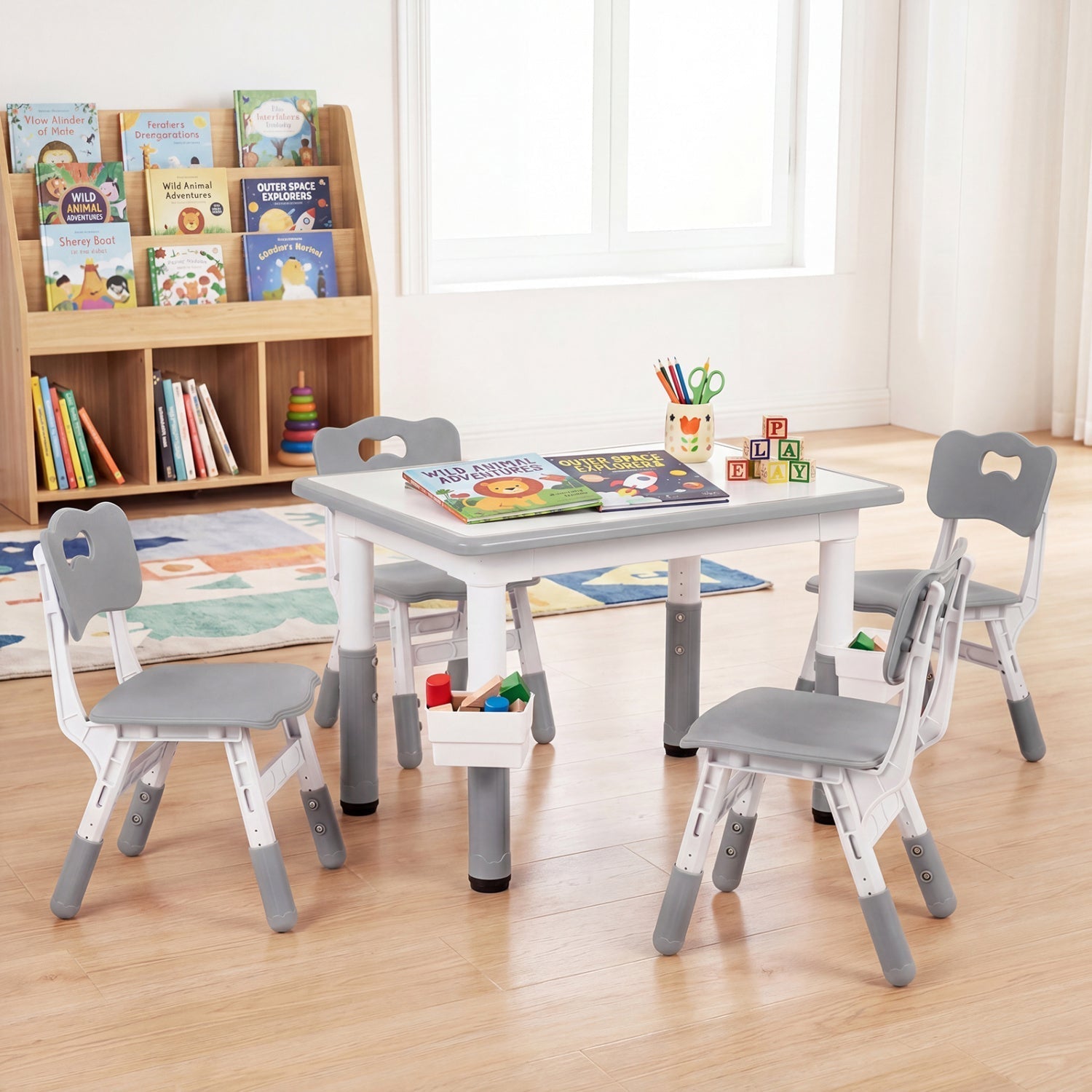 Kids Table and 4 Chairs Set with Adjustable Height