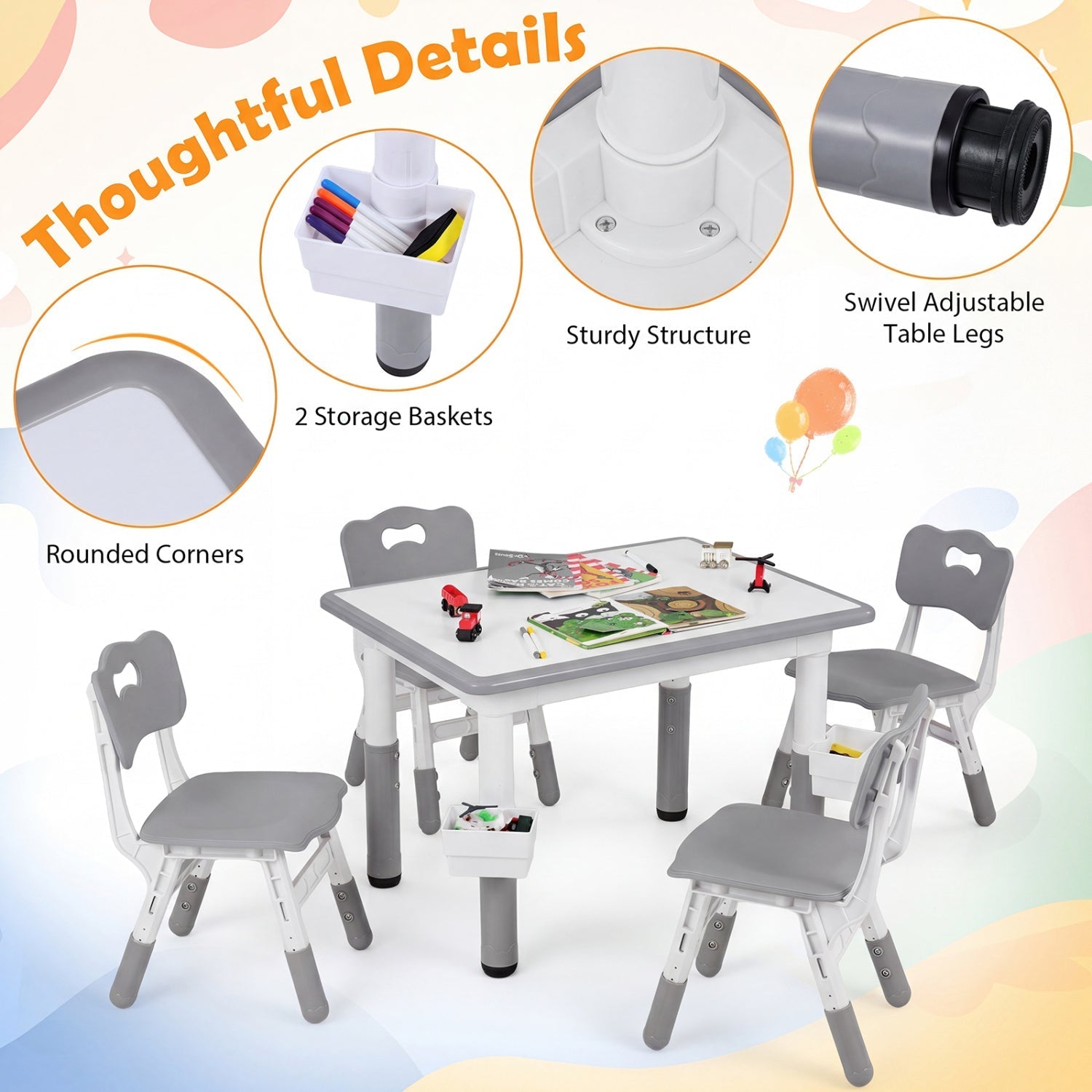 Kids Table and 4 Chairs Set with Adjustable Height