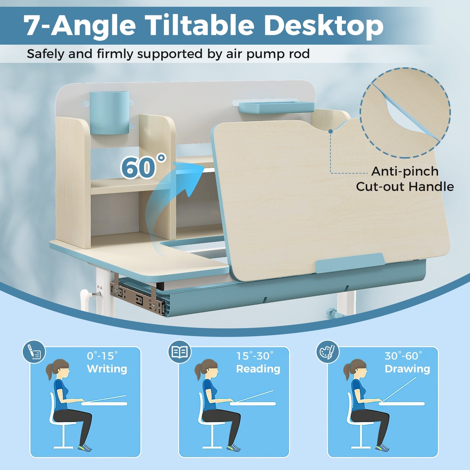 Height Adjustable Kids Study Desk with Tilt Desktop for 3-12 Years Old