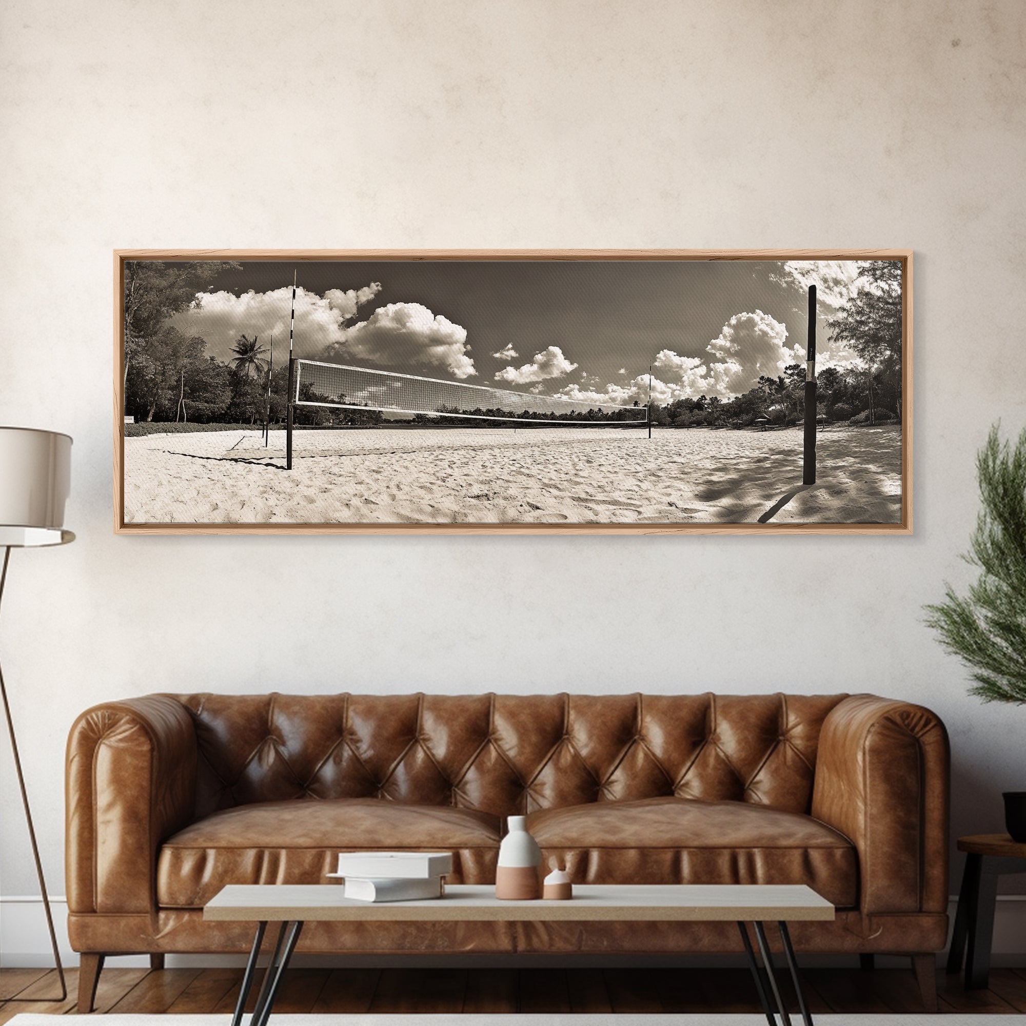 Beach Volleyball, Sand Court, Summer Fun, Tropical Clouds, Framed Canvas Print, Sports Room Wall Art, Coastal Decor, Sepia Beach Art