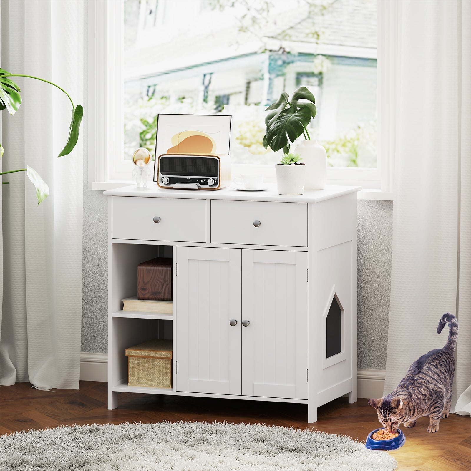 Hidden Cat Washroom Side Cabinet Wooden Pet House with 2 Drawers-White