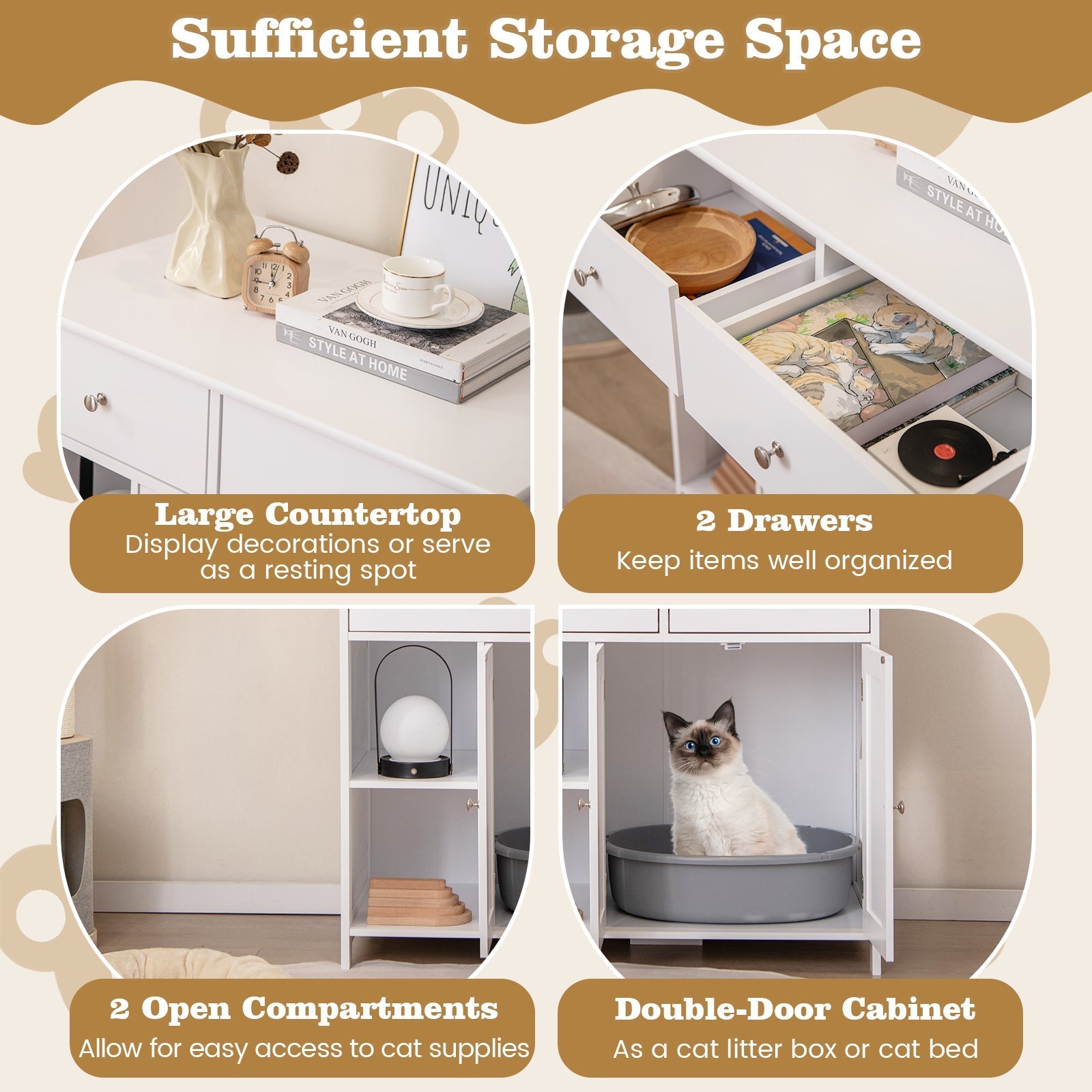 Hidden Cat Washroom Side Cabinet Wooden Pet House with 2 Drawers-White