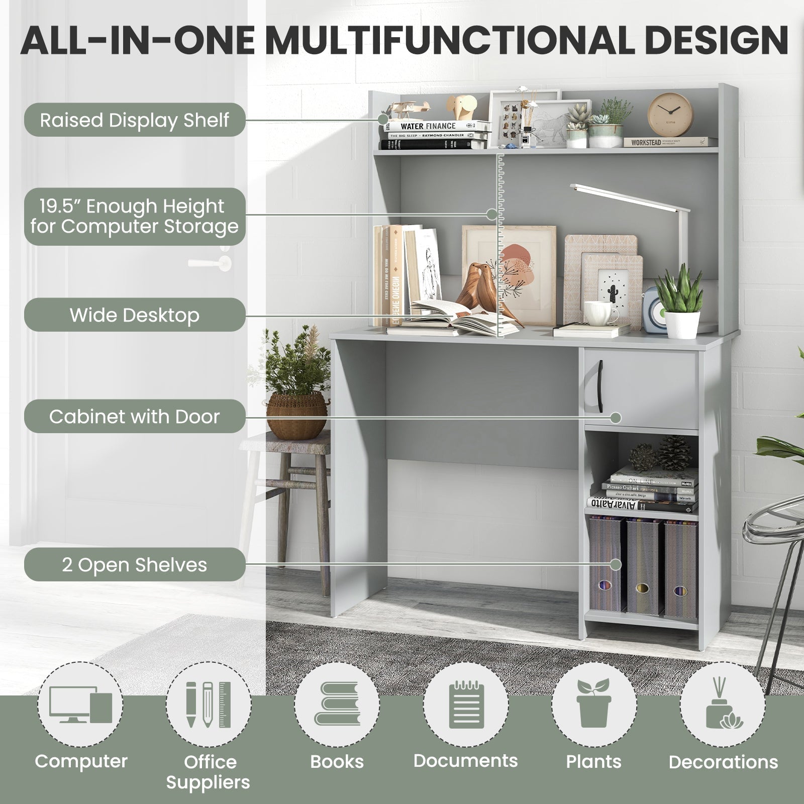 Home Office Desk with Raised Display Shelf and 2 Open Shelves
