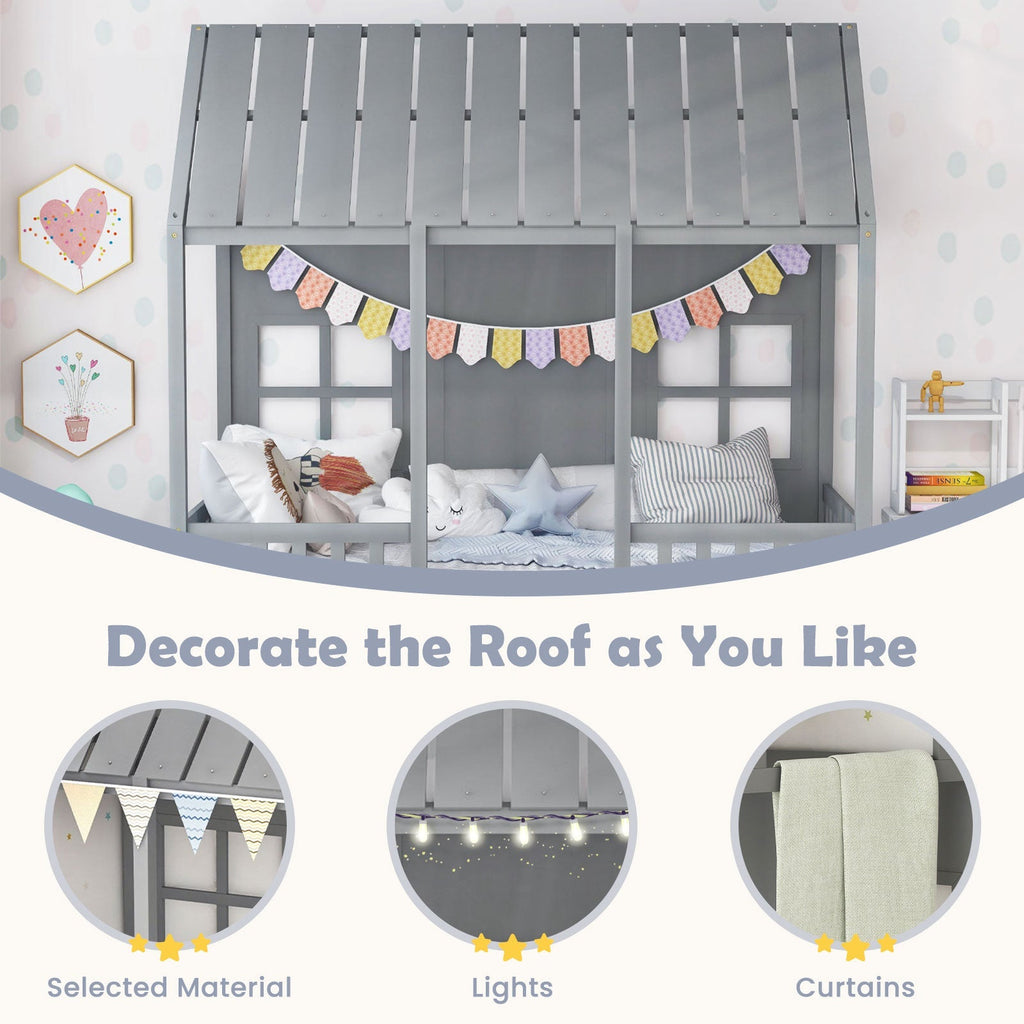 Twin Size Bed Frame House Bed with Trundle and 82 Inch Tall Roof