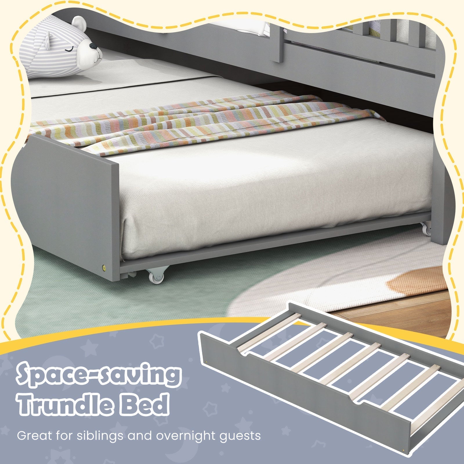 Twin Size Bed Frame House Bed with Trundle and 82 Inch Tall Roof