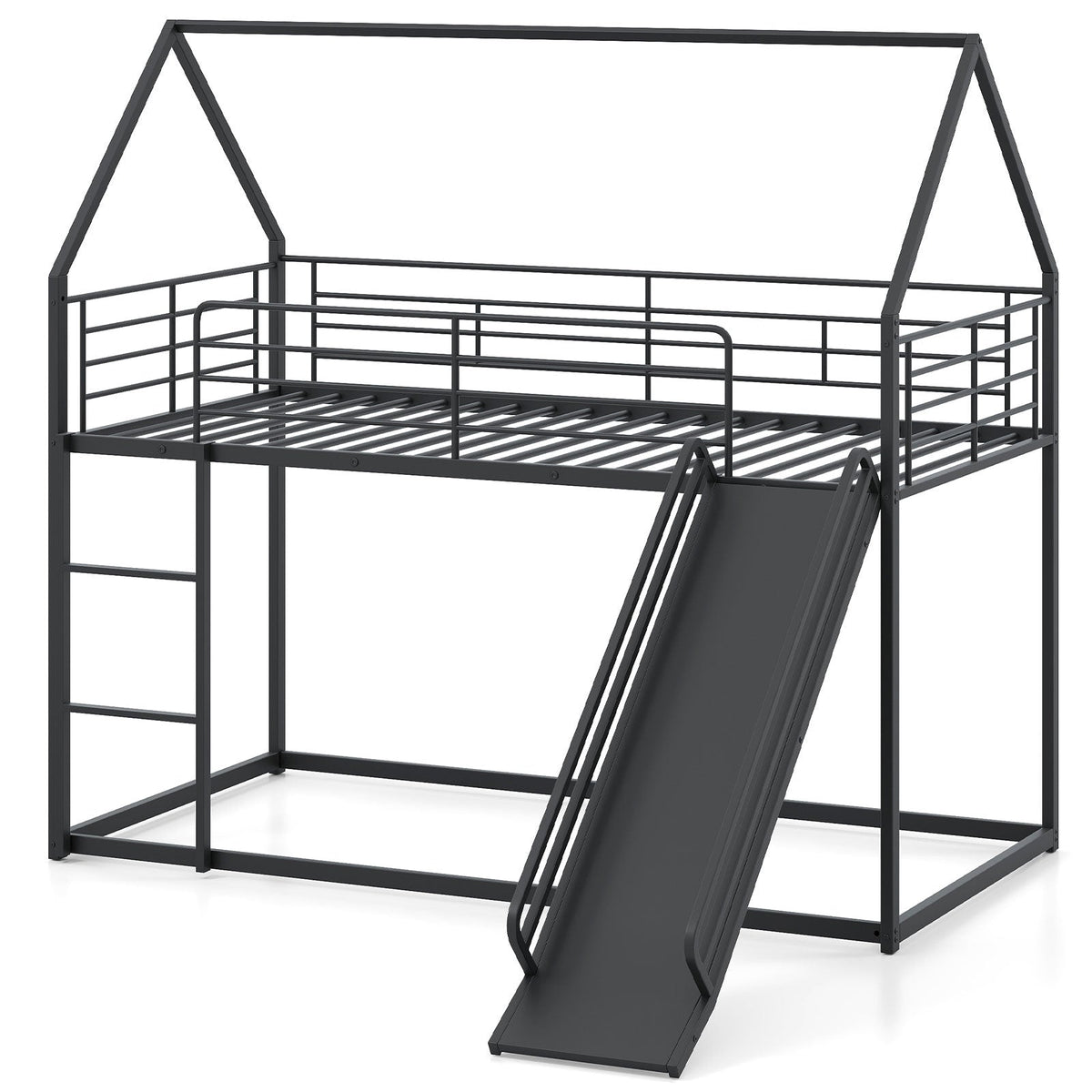 House-shaped Metal Twin Over Twin Low Bunk Bed-Black